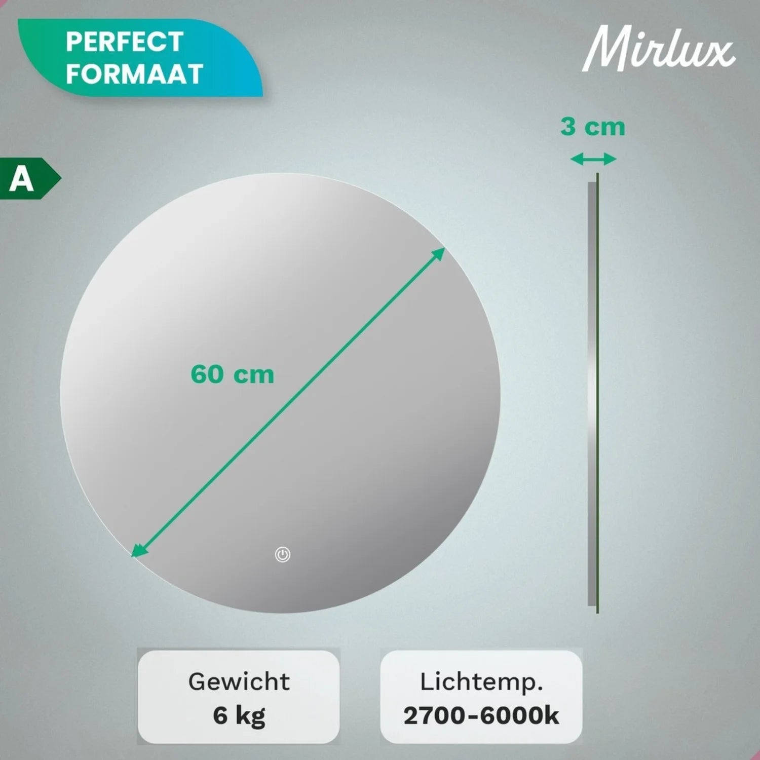 Een ronde spiegel met 60 cm diameter, 3 cm diepte. Gewicht 6 kg.