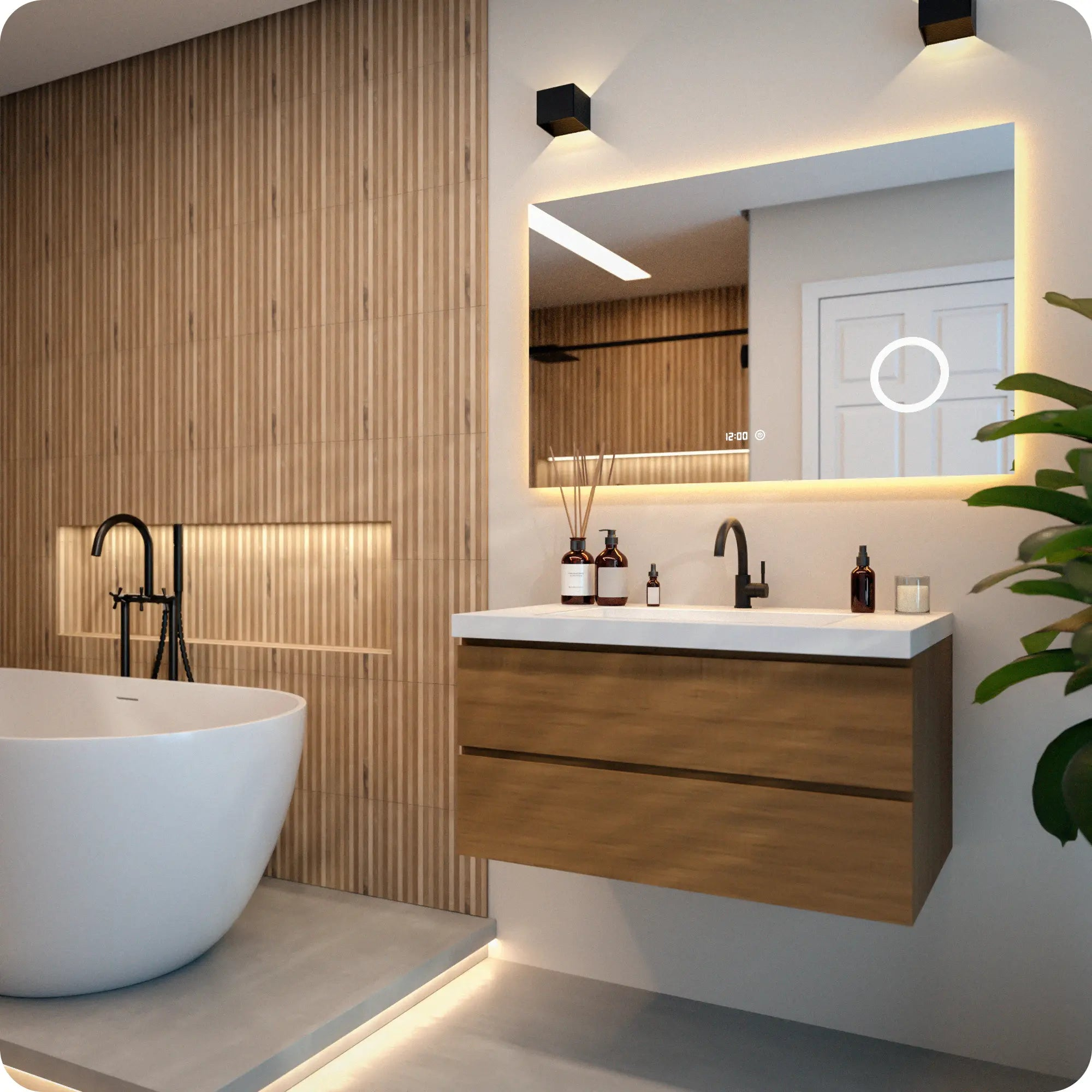 Moderne badkamer met vrijstaand bad, houten lambrisering en verlichte spiegel.