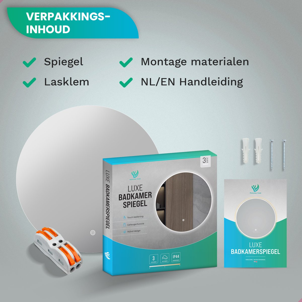 Verpakkingsinhoud: Spiegel, lasklem, montagematerialen, NL/EN handleiding.