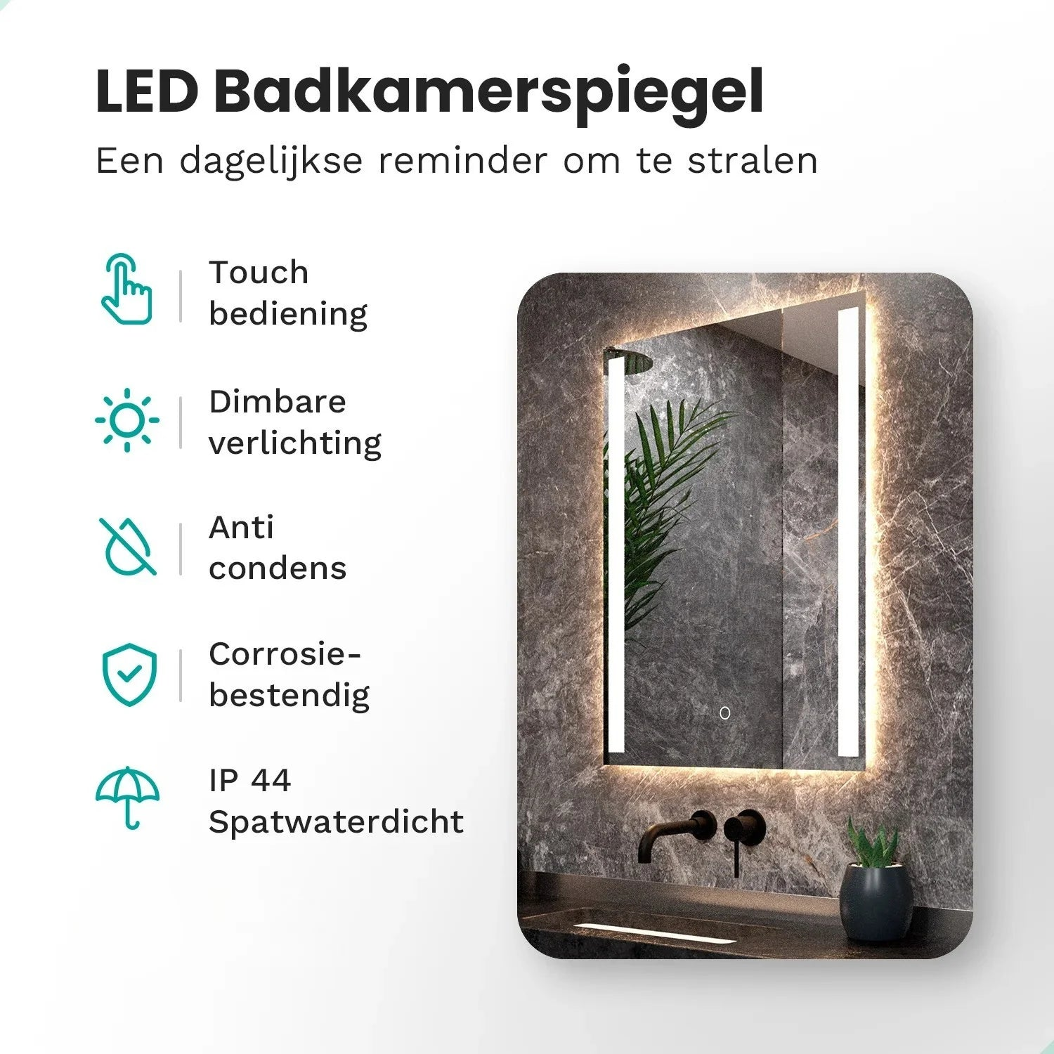Moderne LED badkamerspiegel met touch control, dimbare verlichting en spatwaterdicht.