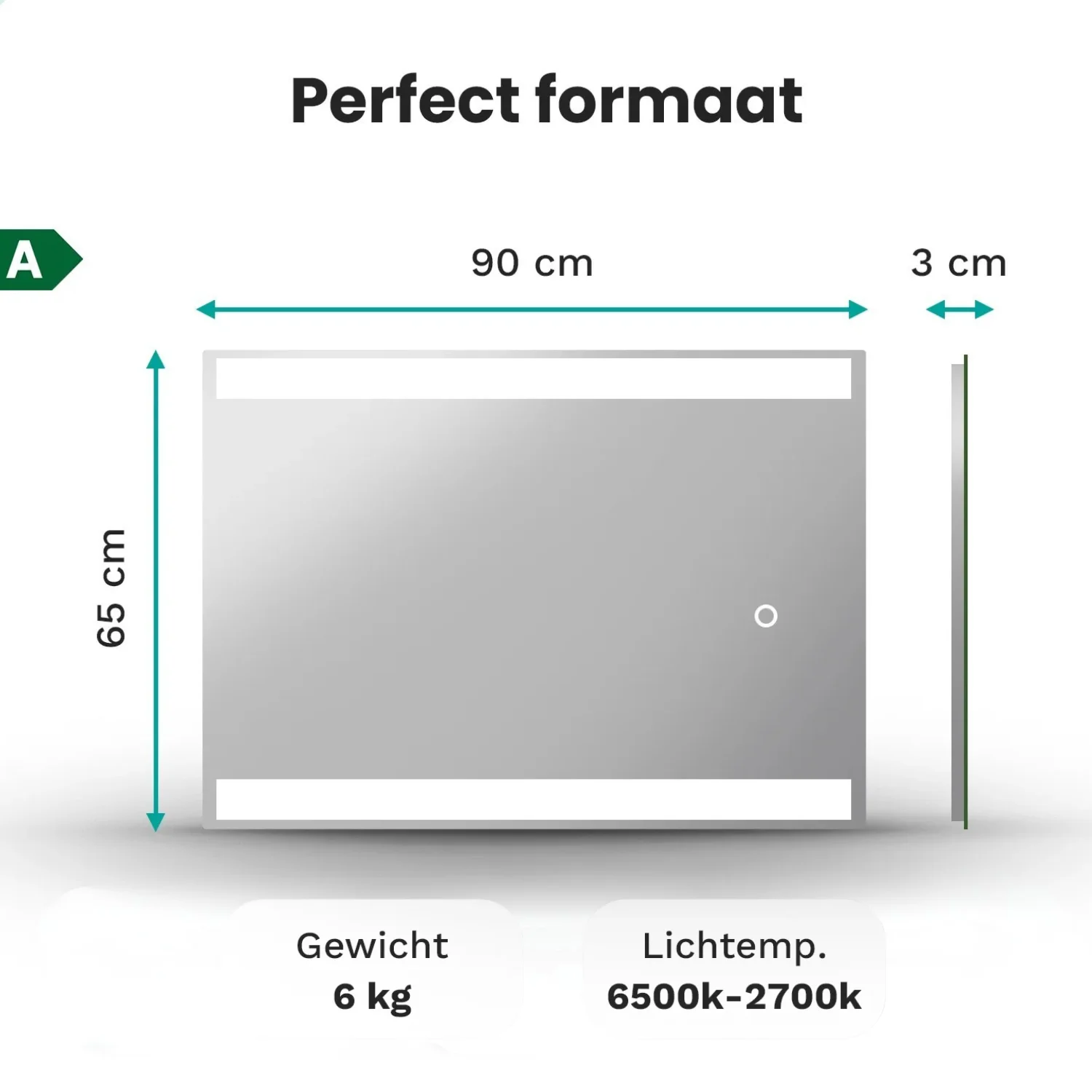 Spiegel 90x65x3 cm, gewicht 6 kg, lichtkleur 6500-2700K.