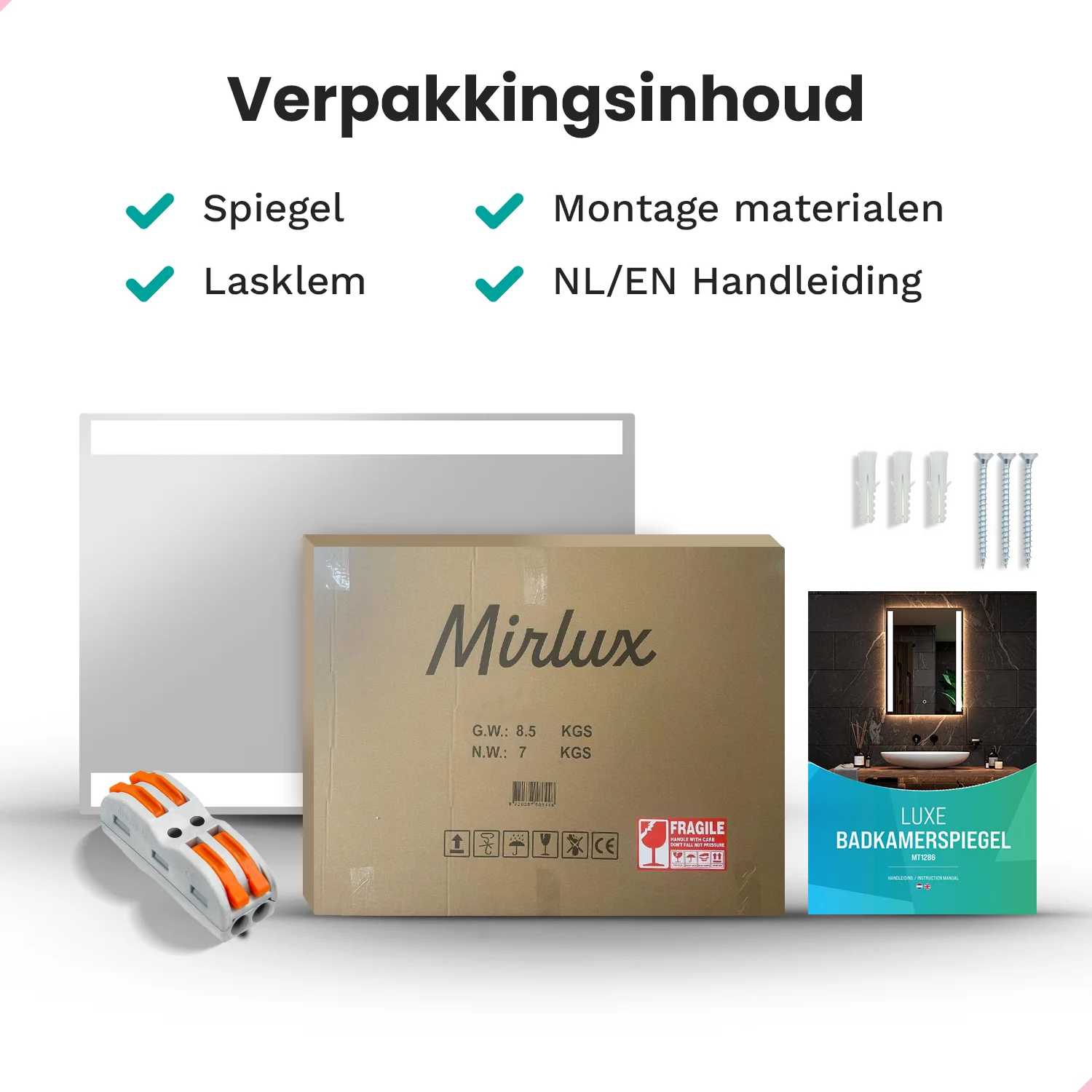 Verpakkingsinhoud: spiegel, montage materialen, handleiding. Mirlux doos.