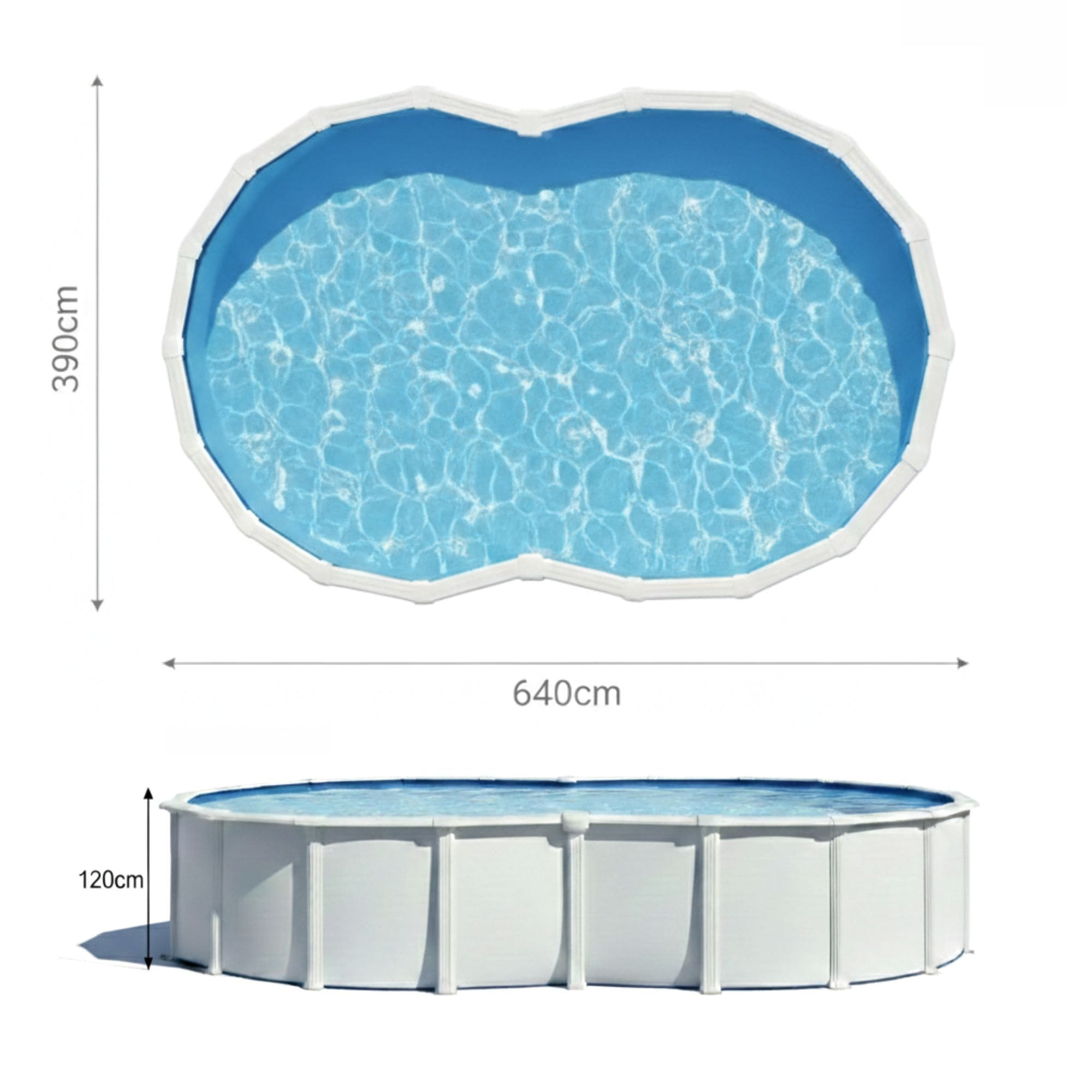 Una piscina ovalada con marco blanco y agua azul. Dimensiones: 640x390x120cm.
