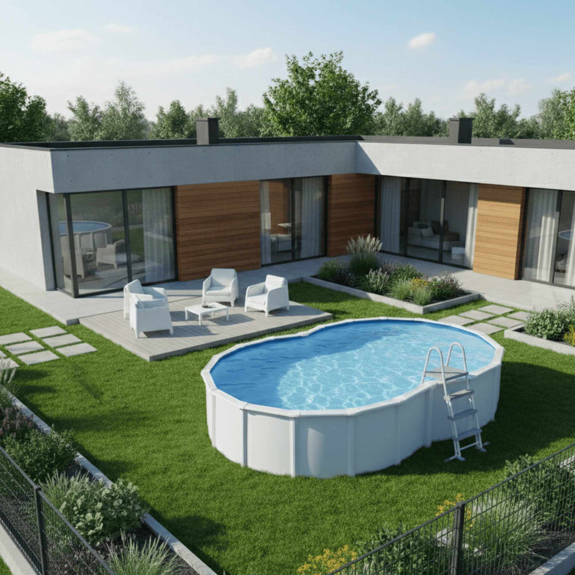 Una casa moderna con piscina y zona de asientos en el jardín.