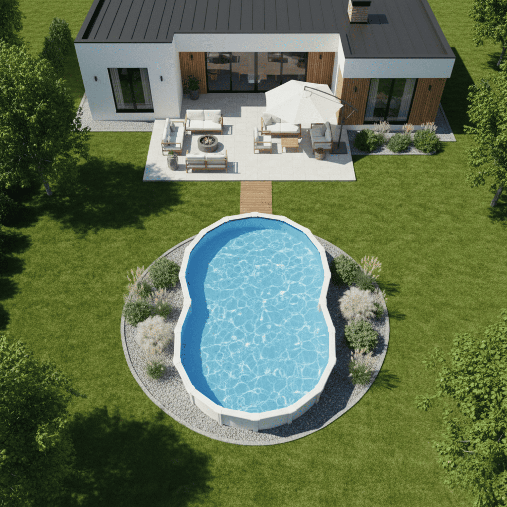 Una casa moderna con patio, muebles de jardín, piscina y césped.