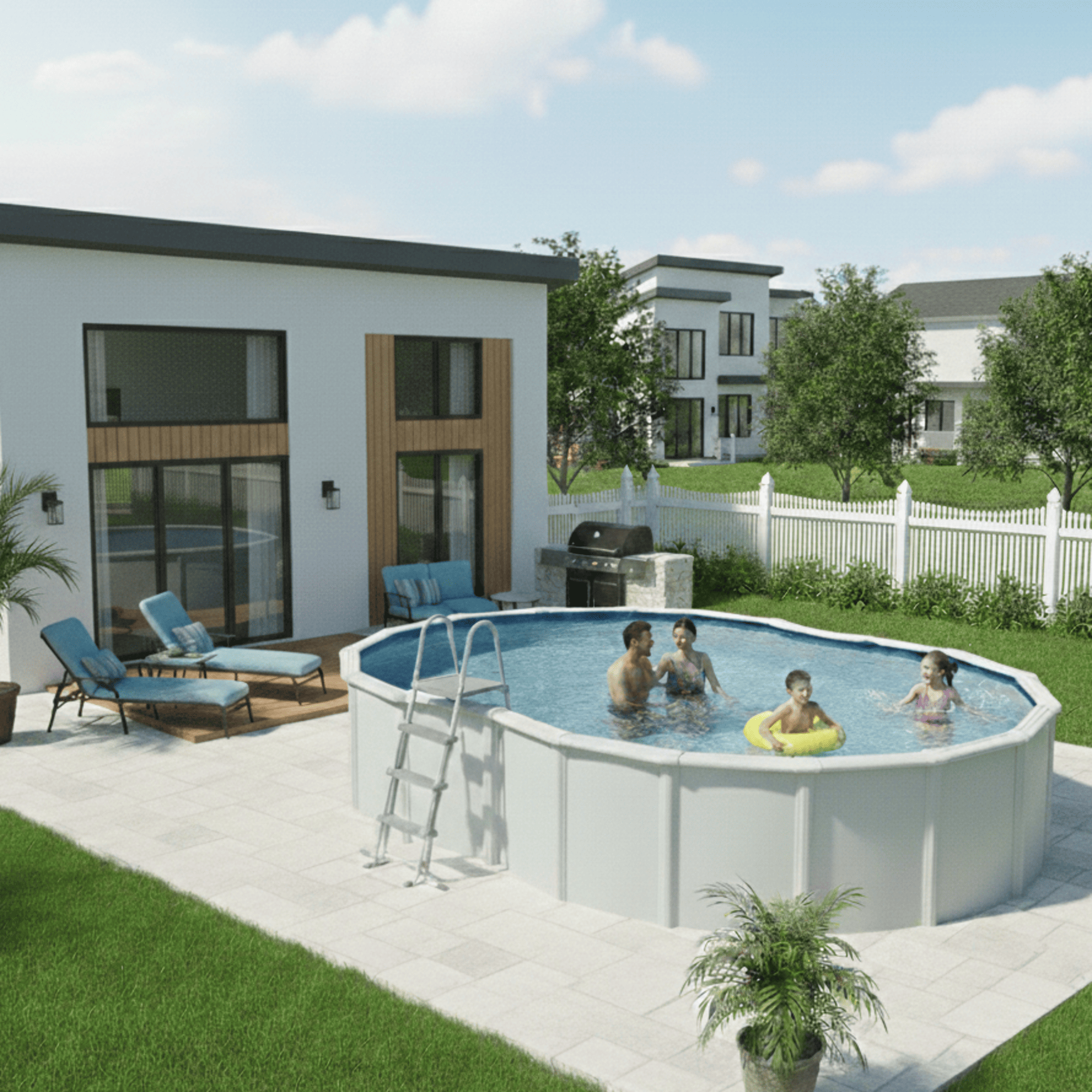 Una familia disfruta de un día de verano en una piscina elevada junto a una casa moderna.