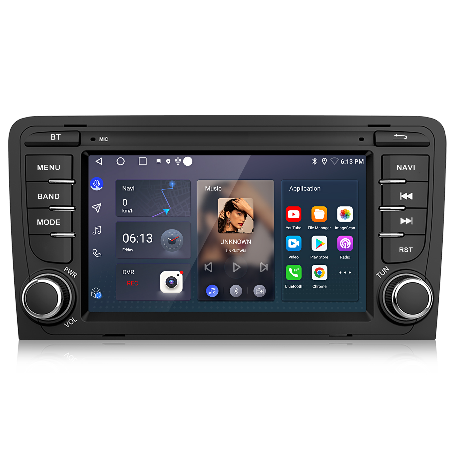 Una moderna autoradio con touchscreen visualizza app come navigazione, musica e DVR.