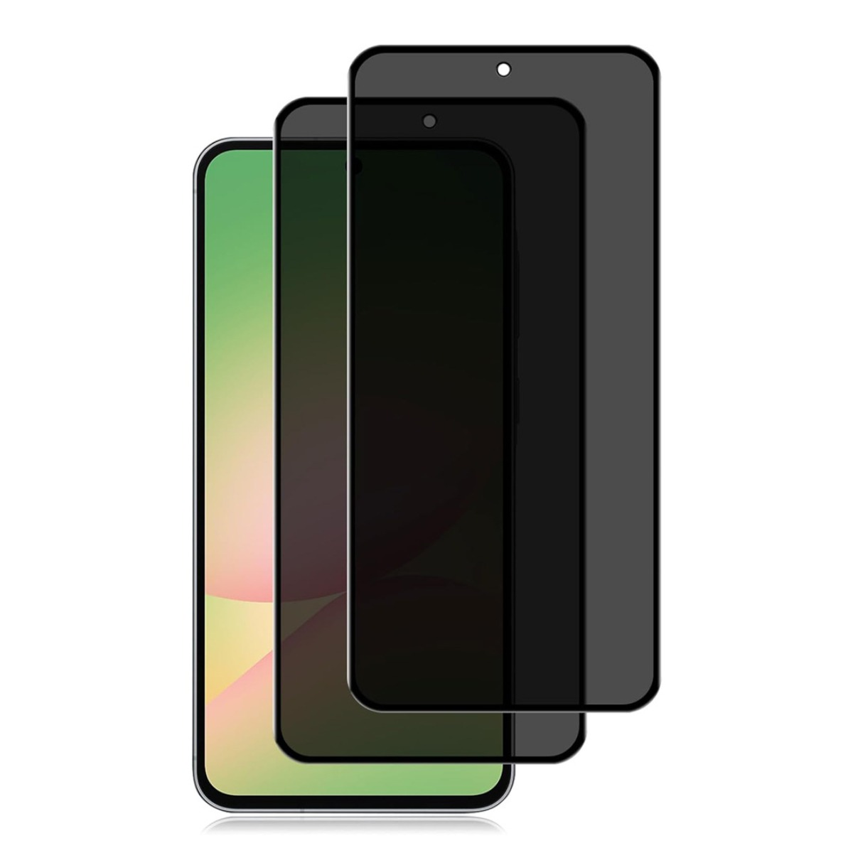 Tre protezioni schermo per smartphone sovrapposte, con sfondi colorati visibili.
