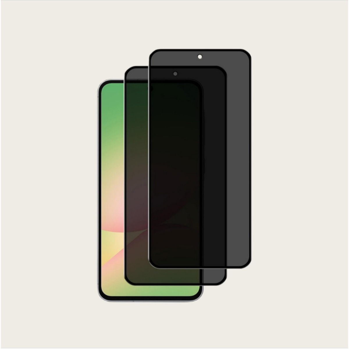 Tre schermi di smartphone con diverse pellicole protettive per la privacy.