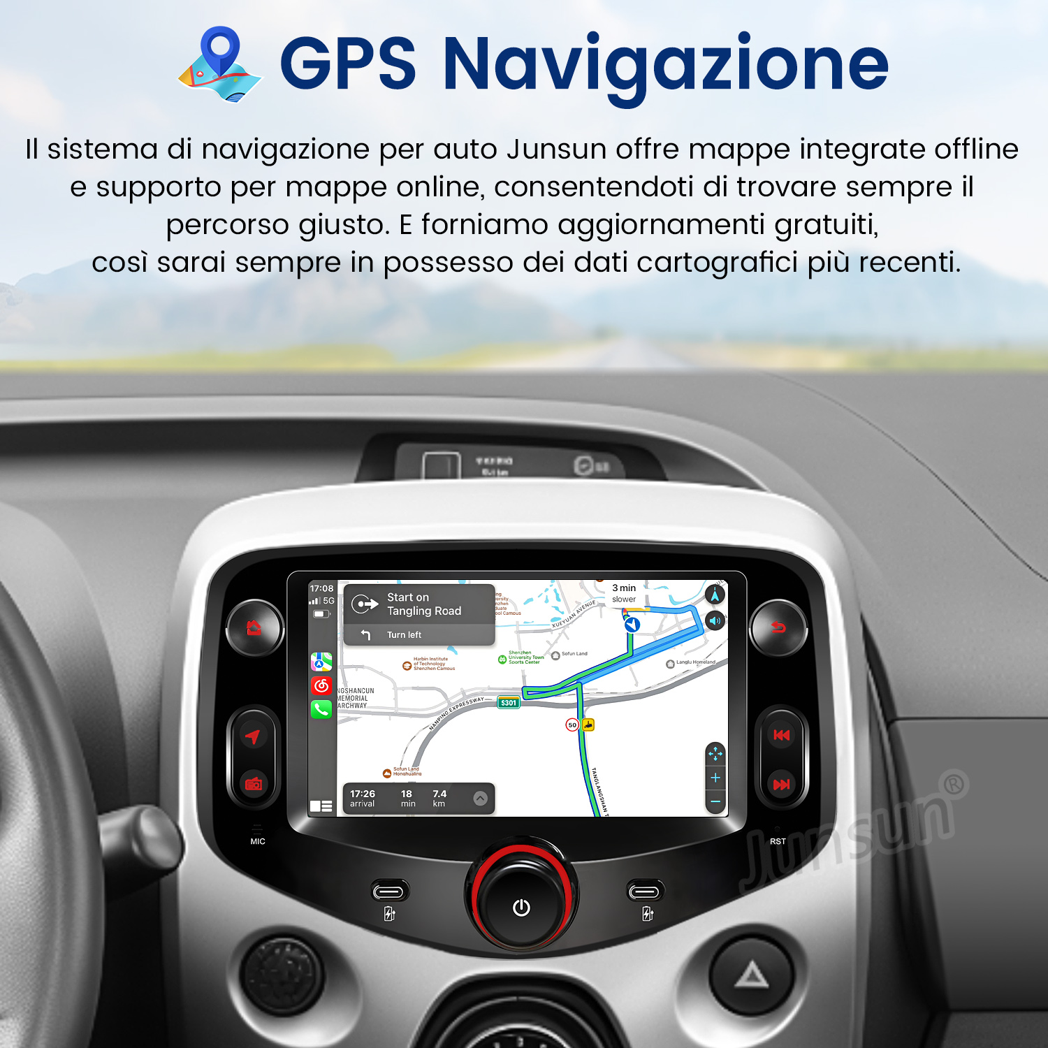 Cruscotto auto con schermo di navigazione GPS che mostra un percorso.