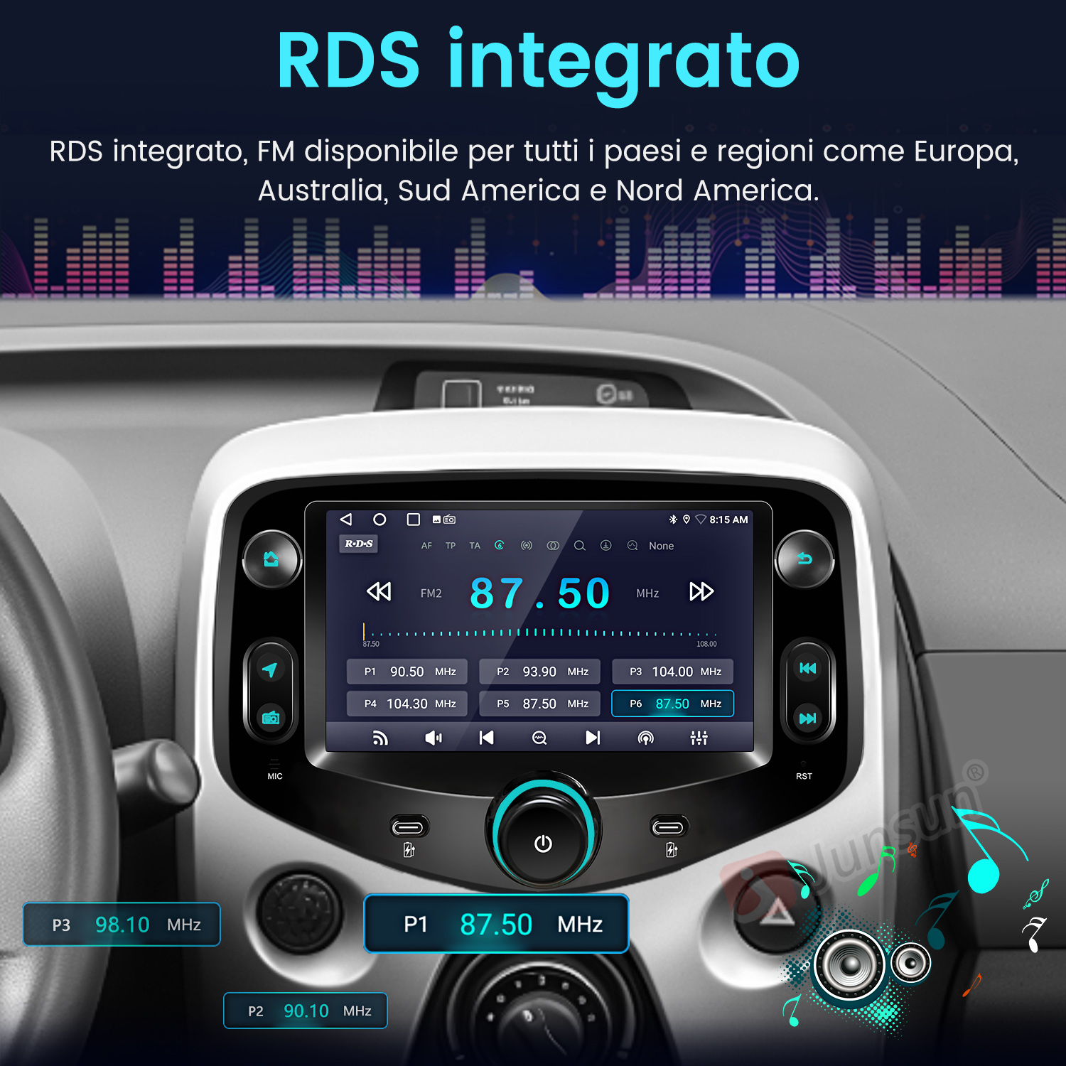 Autoradio con RDS e FM mostra 87.50 MHz. Sono visibili le preimpostazioni.