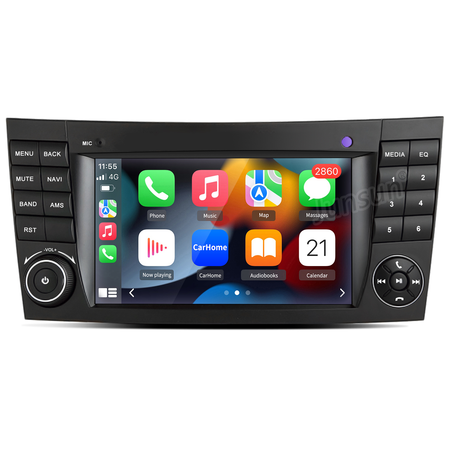 Touchscreen autoradio con icone app: Telefono, Musica, Mappa, Messaggi, Calendario.