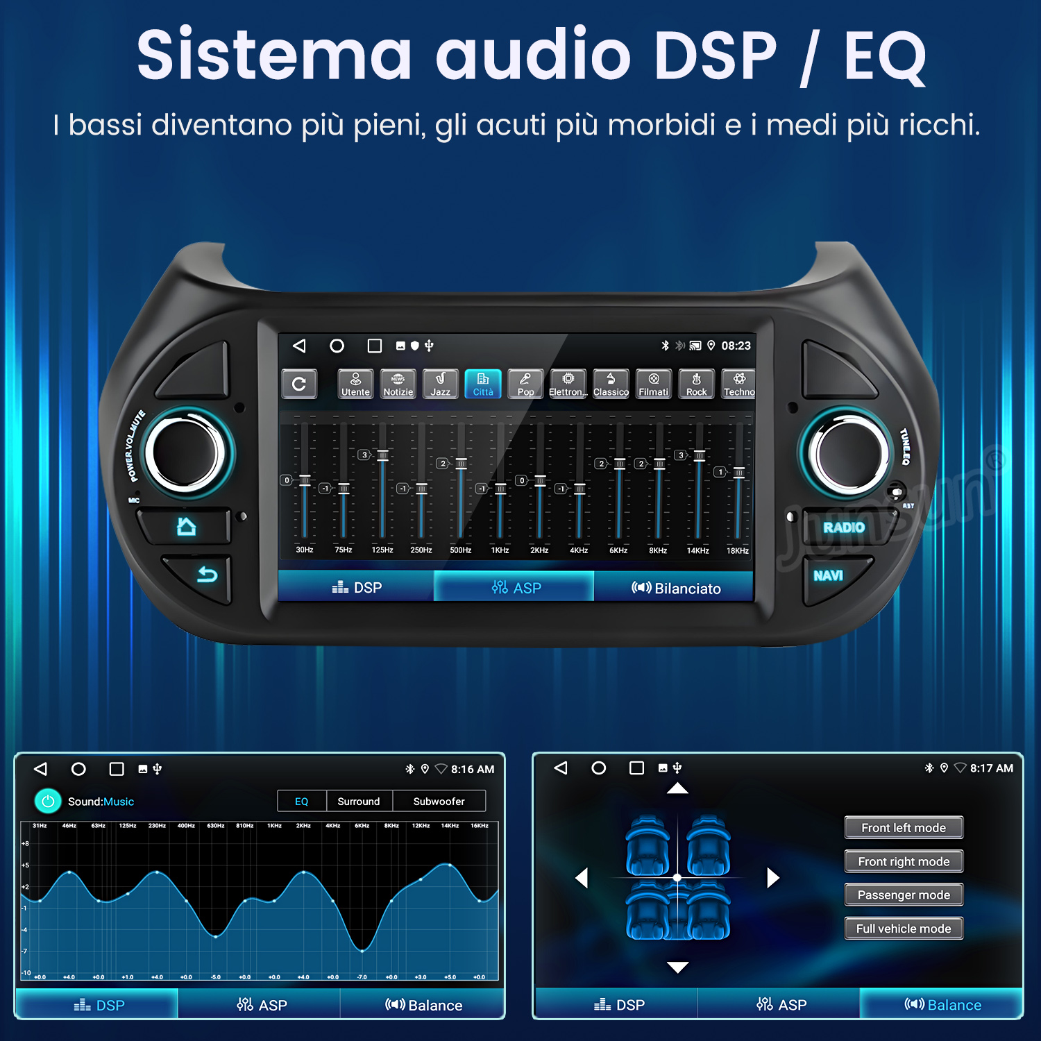 Menu DSP EQ autoradio con impostazioni equalizzatore e modalità audio veicolo.