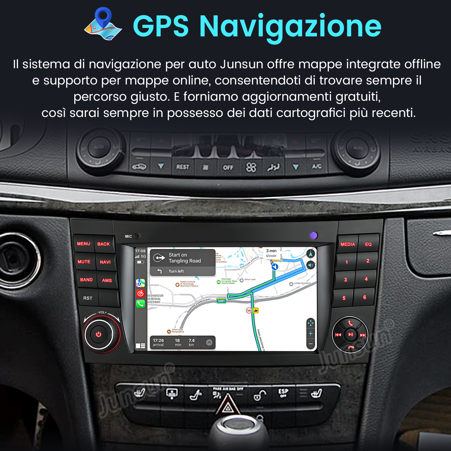 Sistema di navigazione per auto che mostra mappe e indicazioni su uno schermo.
