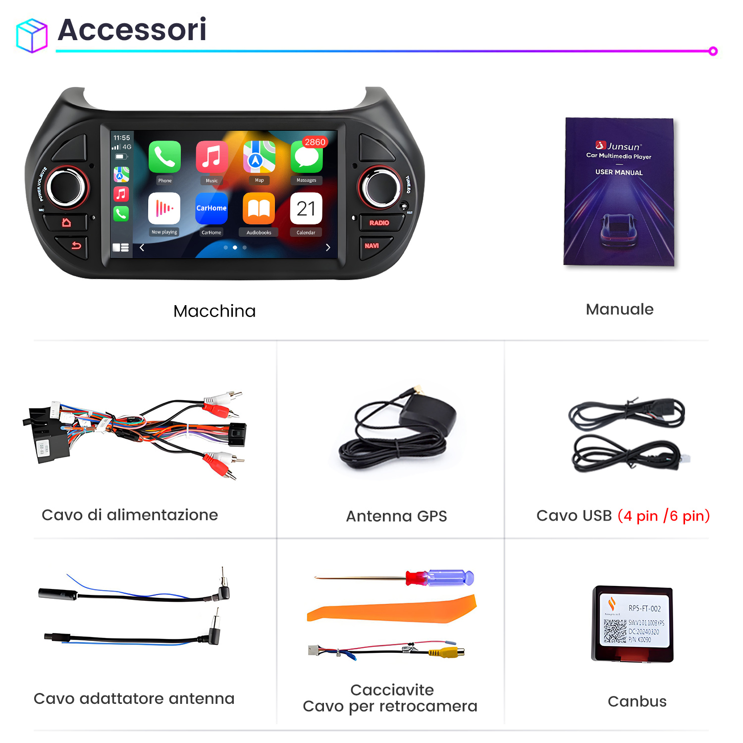 Lettore multimediale per auto con accessori: cavi, antenna, USB, attrezzi e manuale.