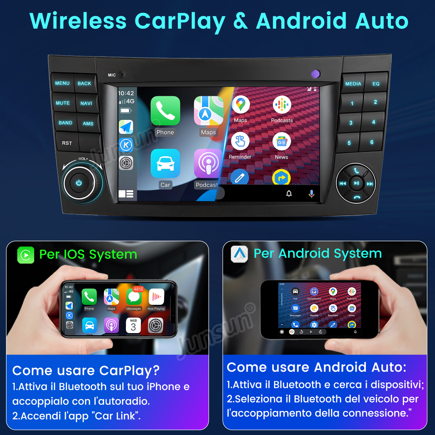 CarPlay e Android Auto su schermo autoradio, con telefoni iPhone e Android.