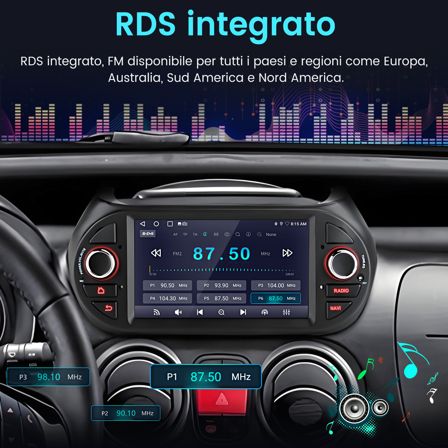 Cruscotto auto con schermo infotainment che mostra informazioni radio RDS.