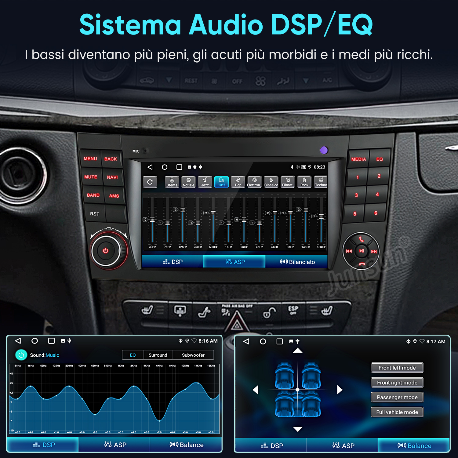 Display auto con impostazioni audio DSP/EQ, equalizzatore e modalità altoparlanti.