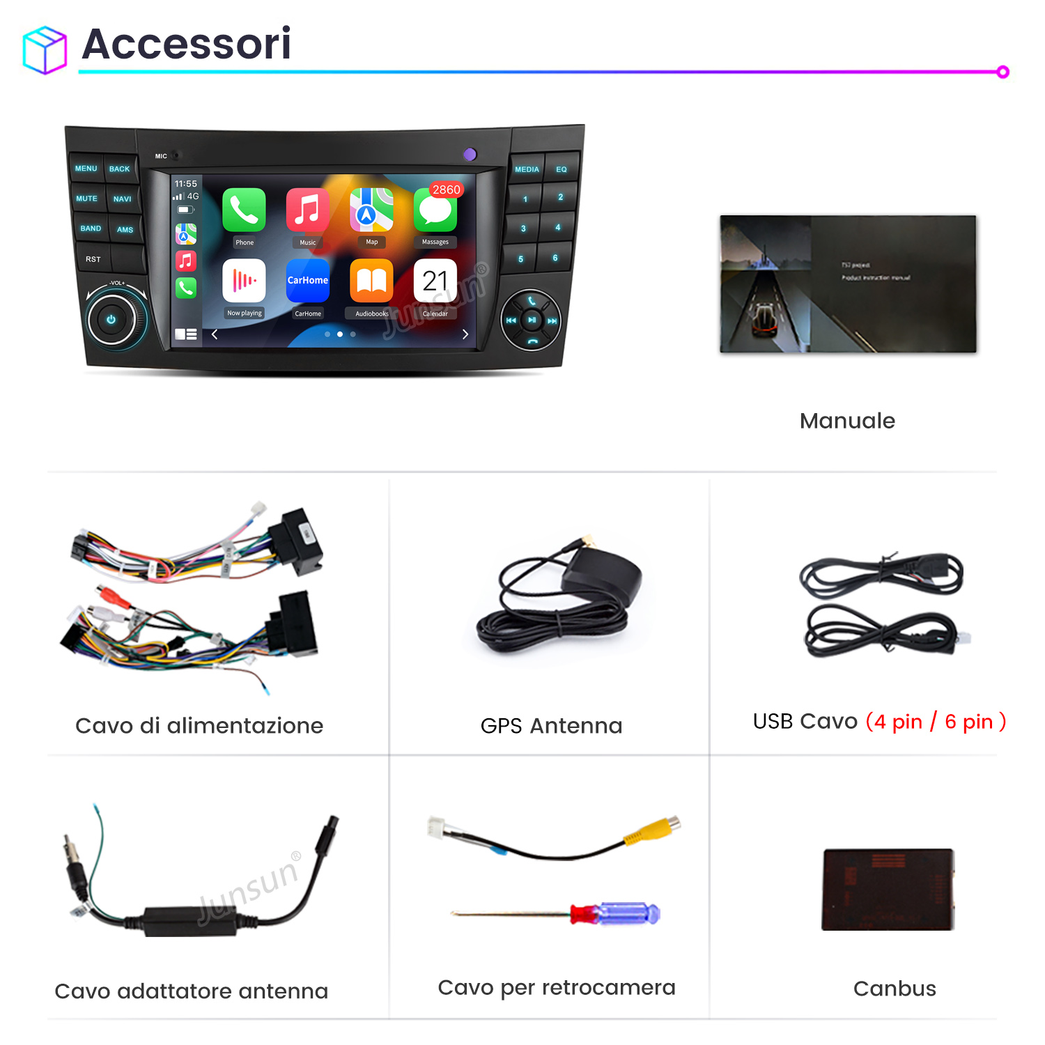 Accessori auto: autoradio, cavi, antenna, manuale, Canbus.