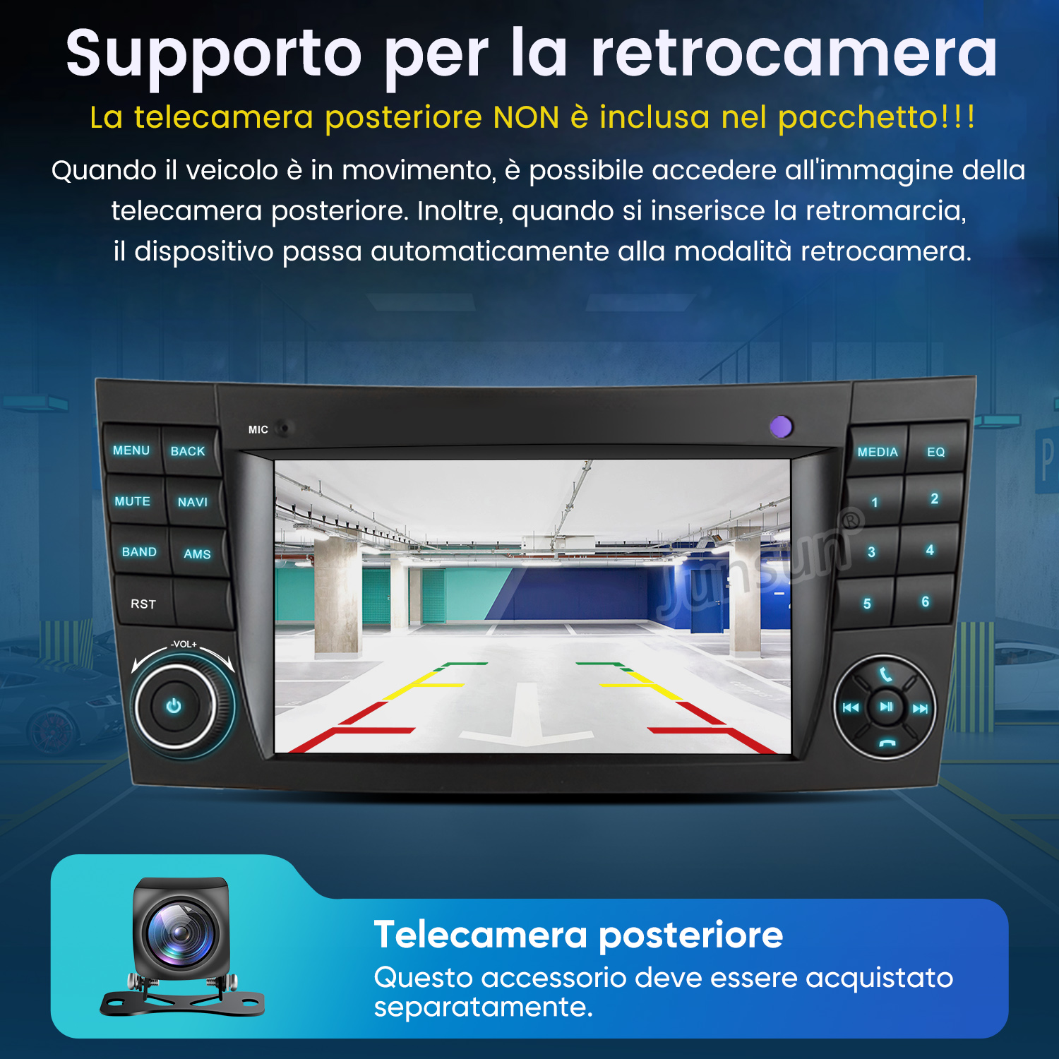 Autoradio mostra vista parcheggio da telecamera posteriore.