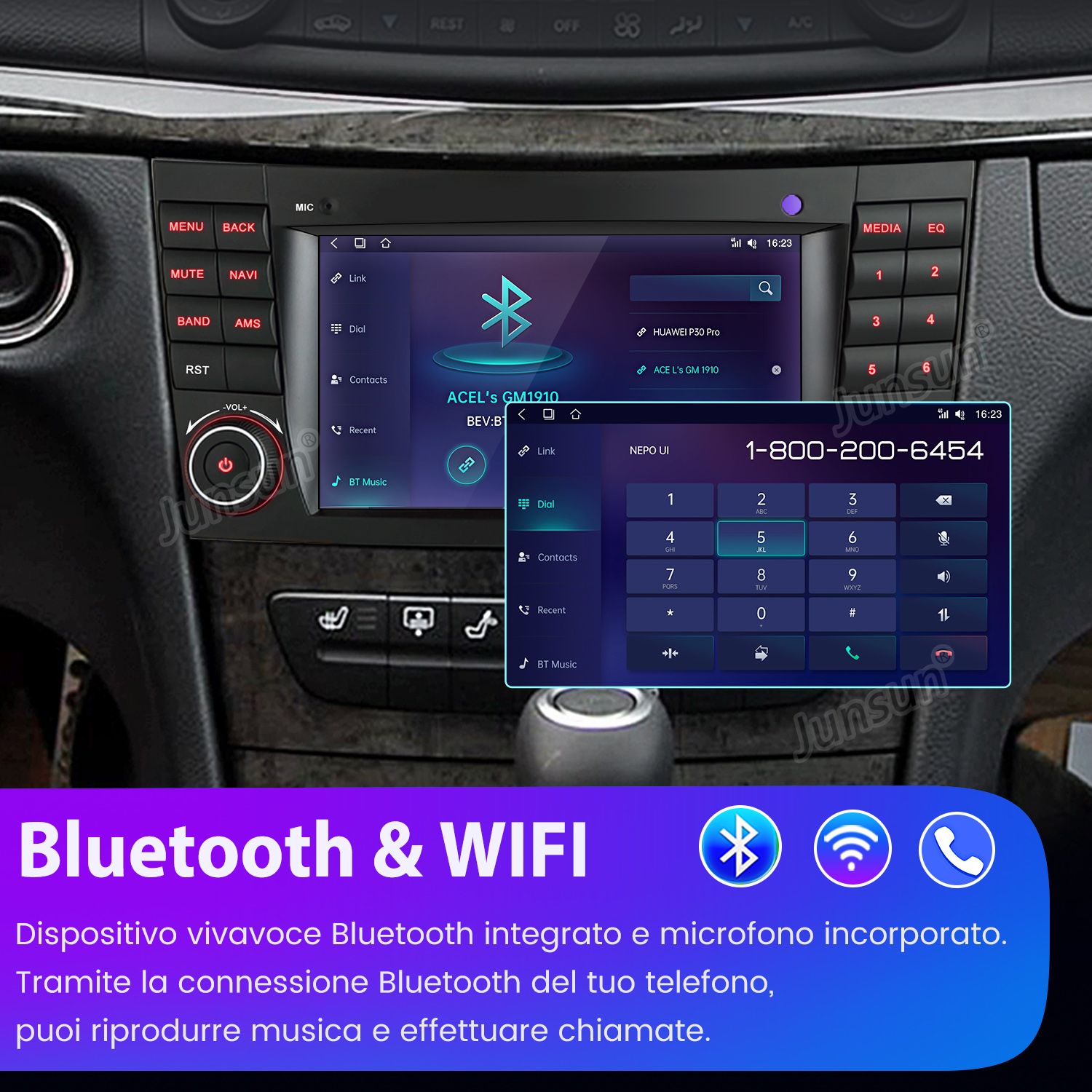 Cruscotto auto con schermo infotainment che mostra tastierino e connettività Bluetooth.