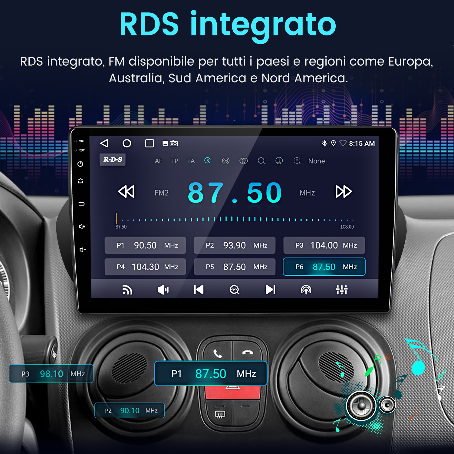 Display autoradio con RDS e frequenza 87,50 MHz.