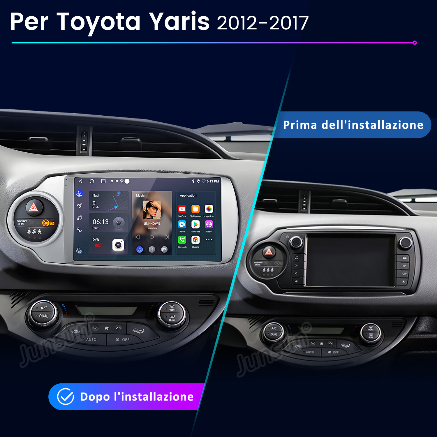 Confronto prima/dopo del cruscotto Toyota Yaris con nuovo sistema di infotainment.
