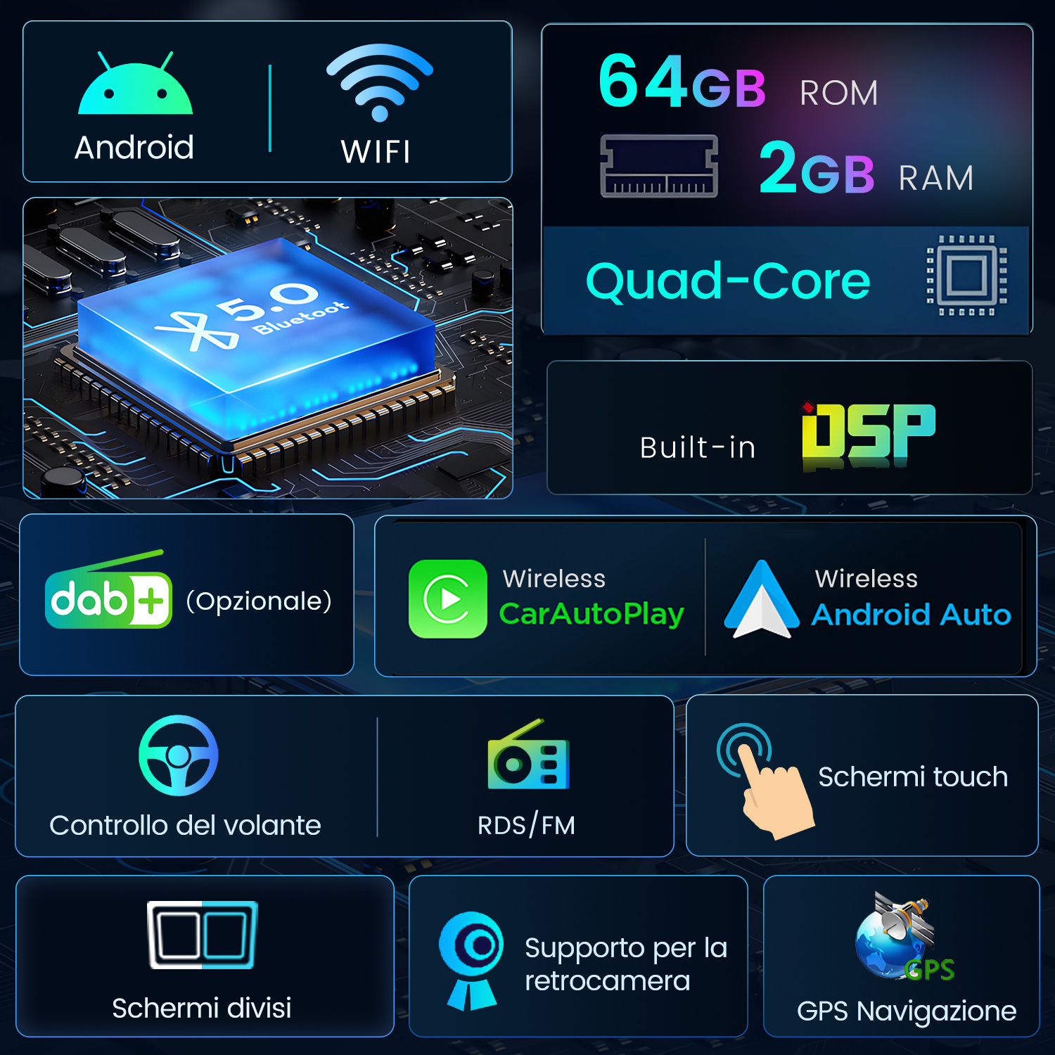 Android, WiFi, 64GB ROM, 2GB RAM, Quad-Core, DSP, DAB+, Carplay, Android Auto.