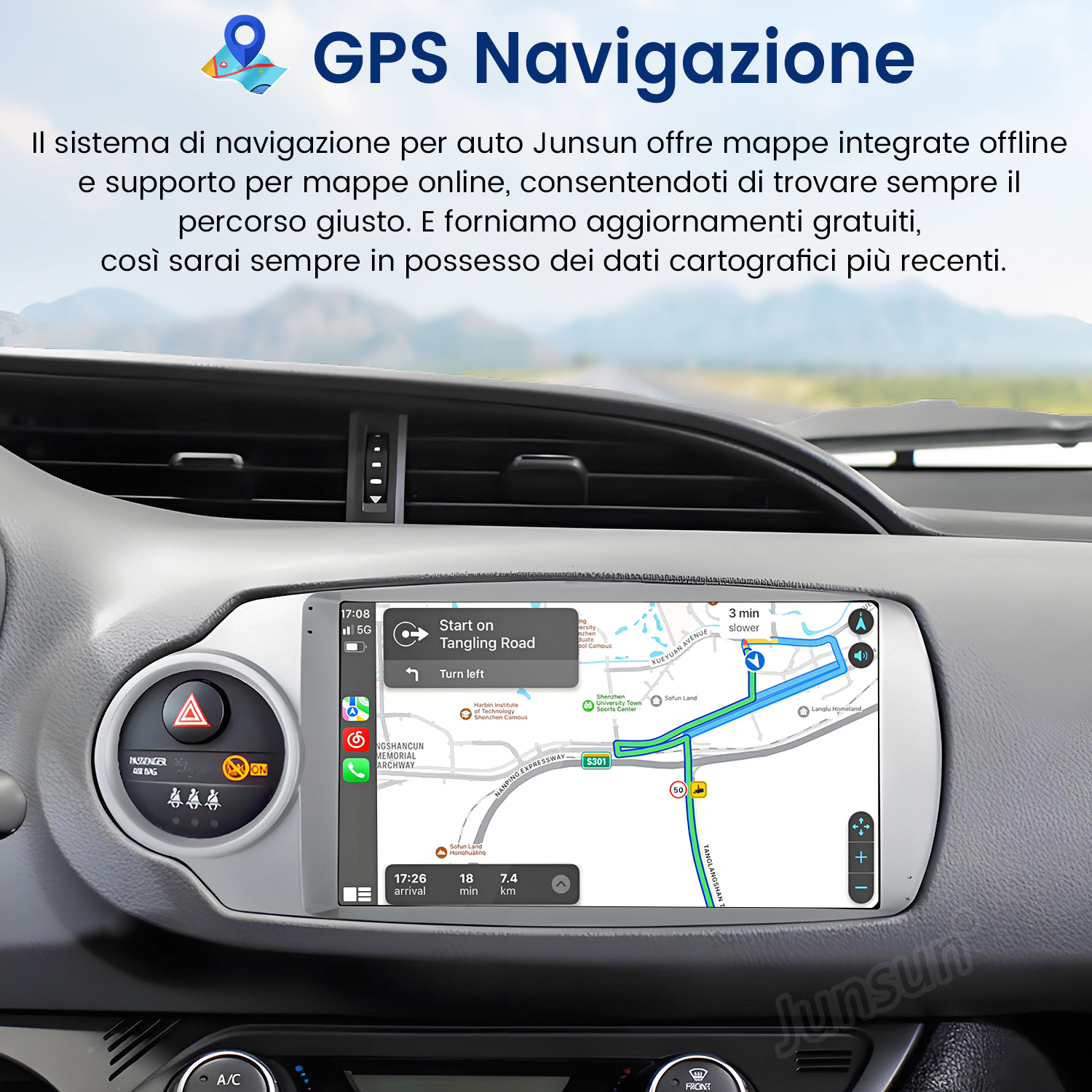 Cruscotto dell'auto con schermo di navigazione GPS che mostra un percorso.