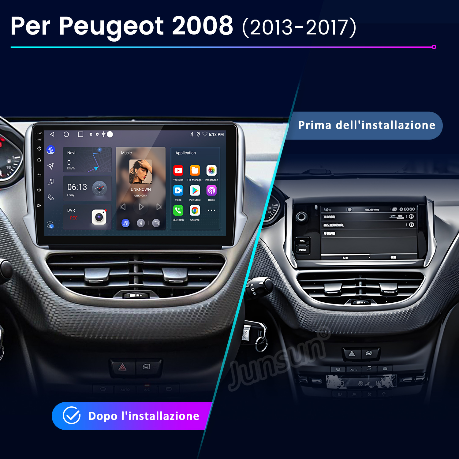 Confronto sistema infotainment Peugeot 2008 prima e dopo l'installazione.