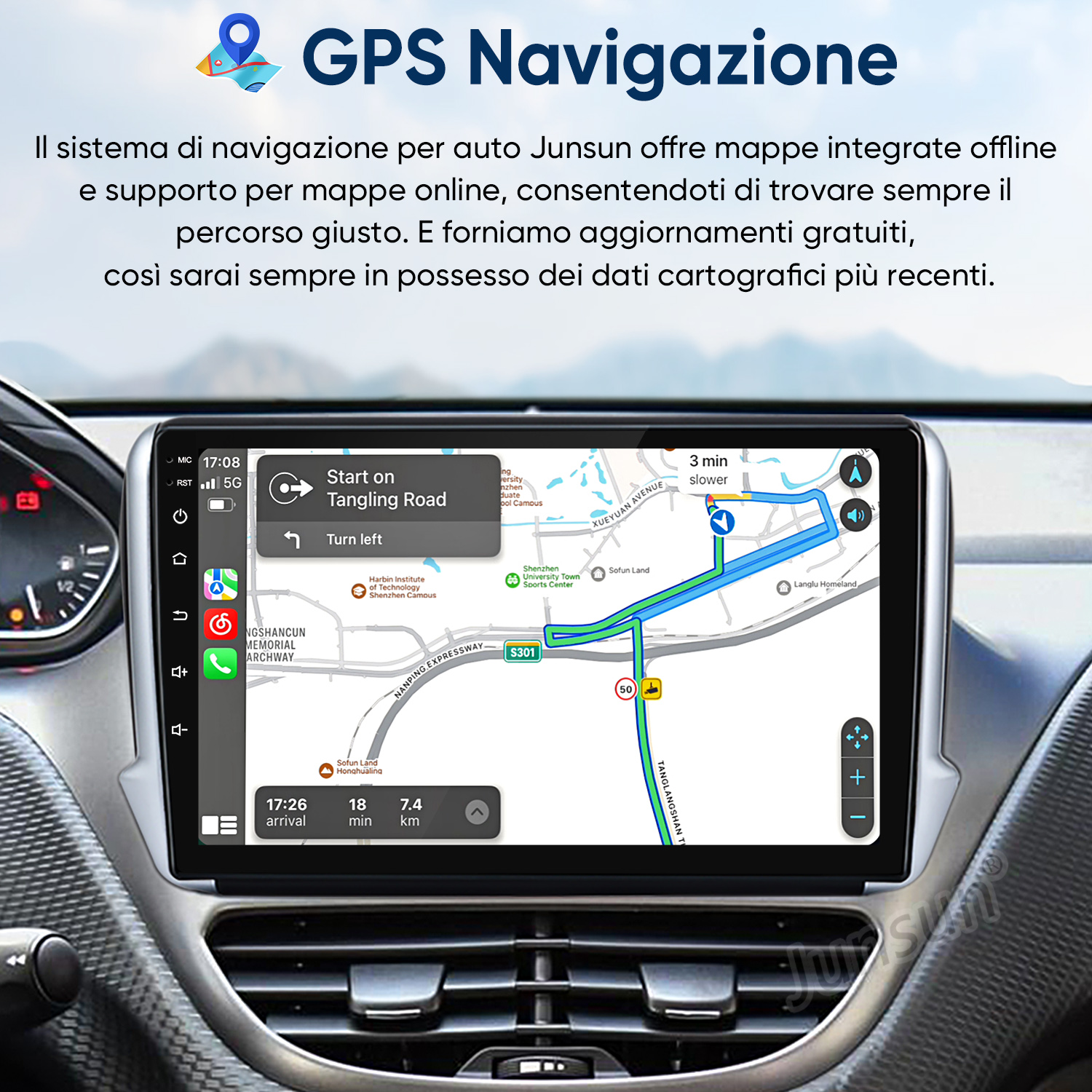 Un navigatore per auto mostra una mappa con indicazioni stradali per Tangling Road.