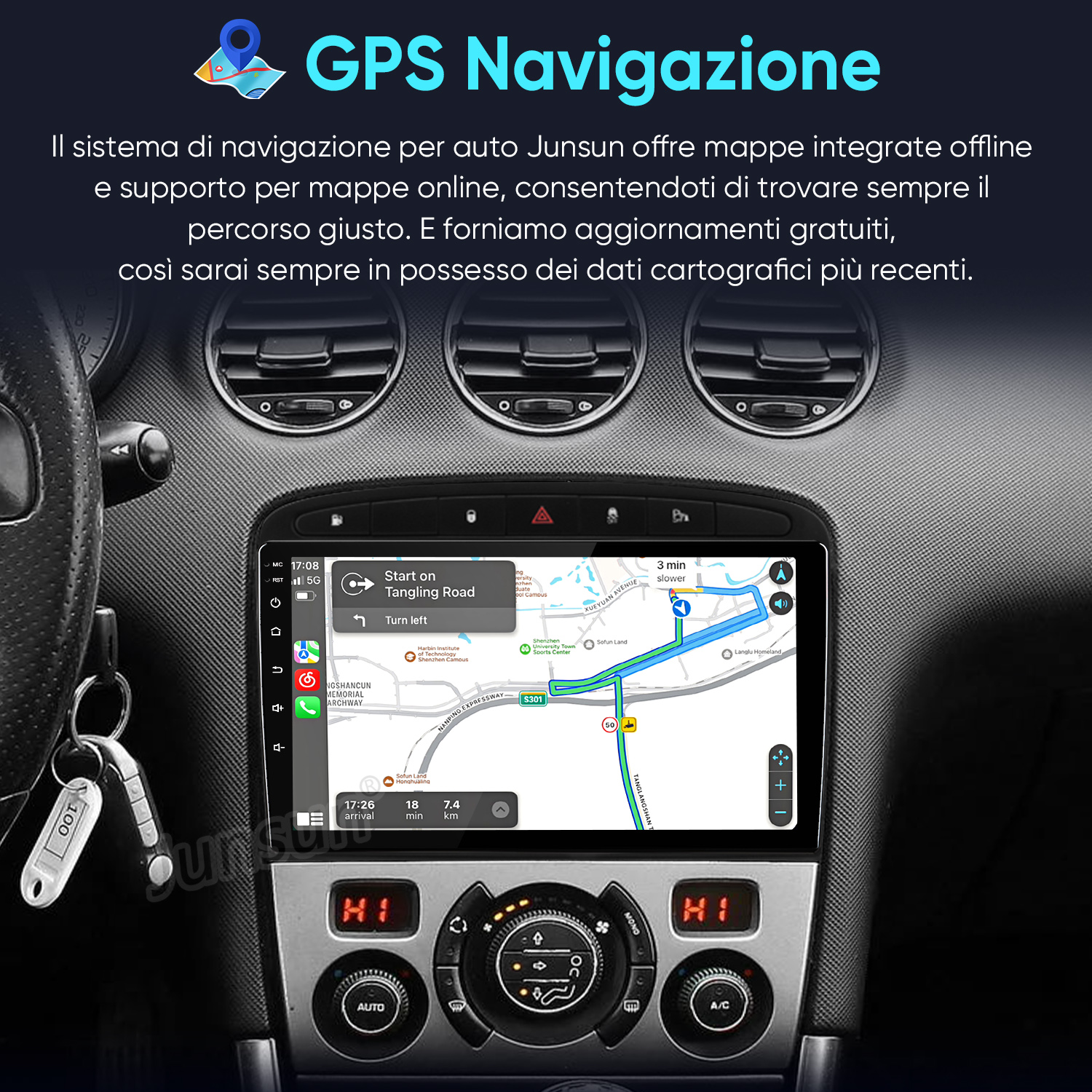 Cruscotto auto con schermo di navigazione GPS, chiavi e bocchette d'aria.