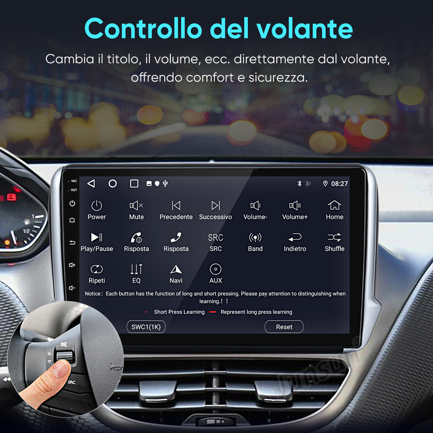 Un sistema di infotainment per auto con controlli sul volante e menu touch.