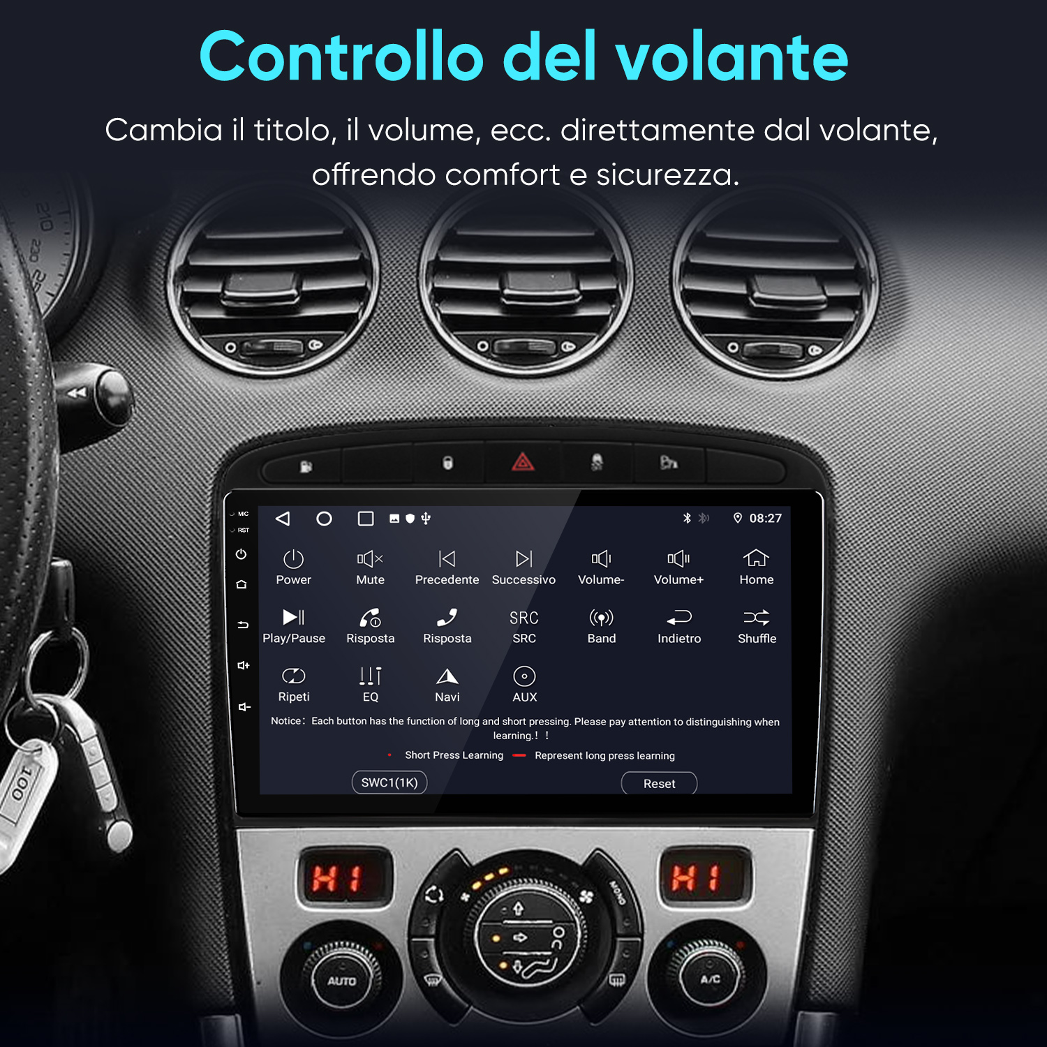 Schermo autoradio mostra controlli per volume e navigazione.
