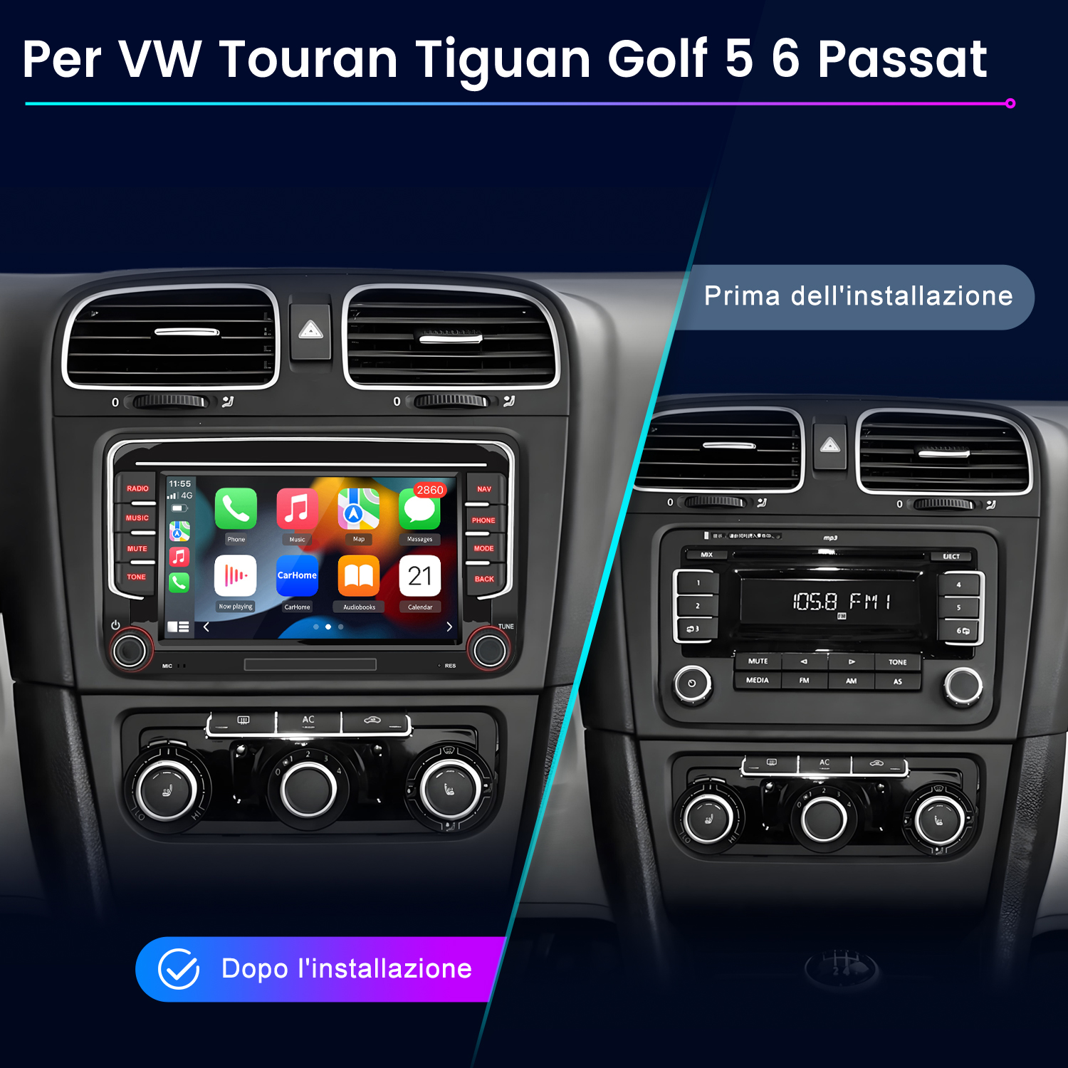 Confronto autoradio VW: Prima e dopo l'installazione di un nuovo sistema.