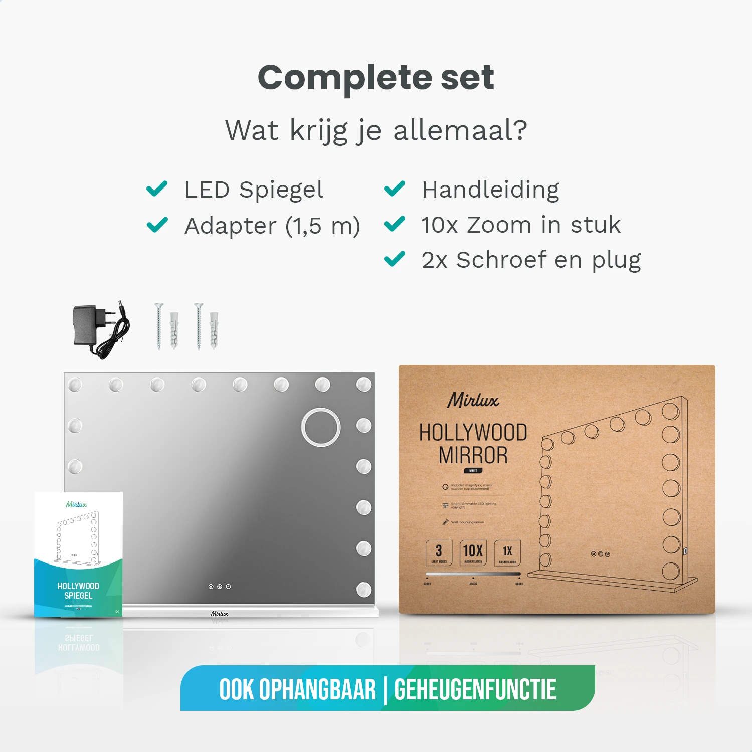 Hollywood spiegel set met LED verlichting, adapter en montagemateriaal.