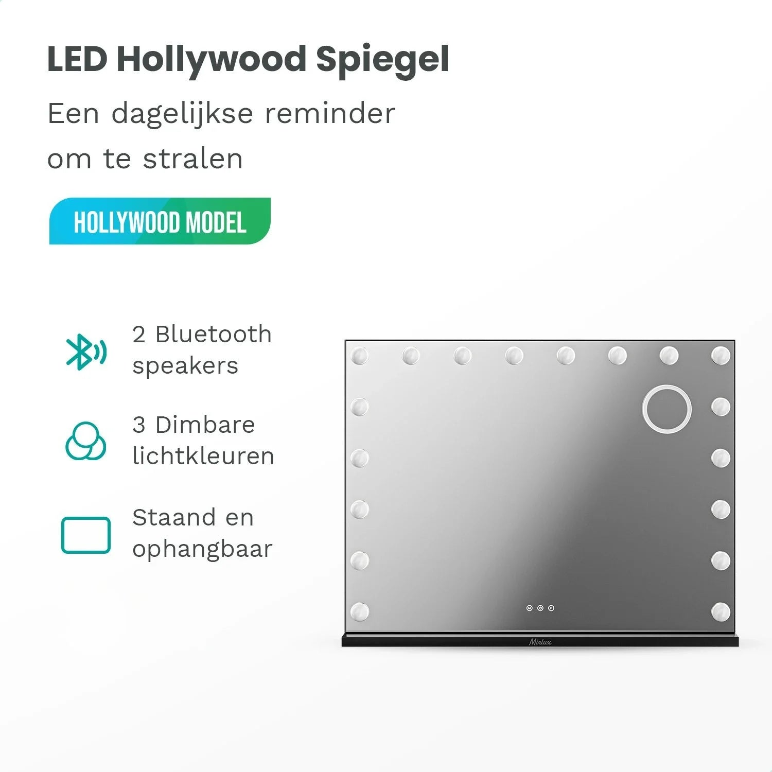 LED Hollywood spiegel met 2 Bluetooth speakers, 3 lichtkleuren, staand of hangend.