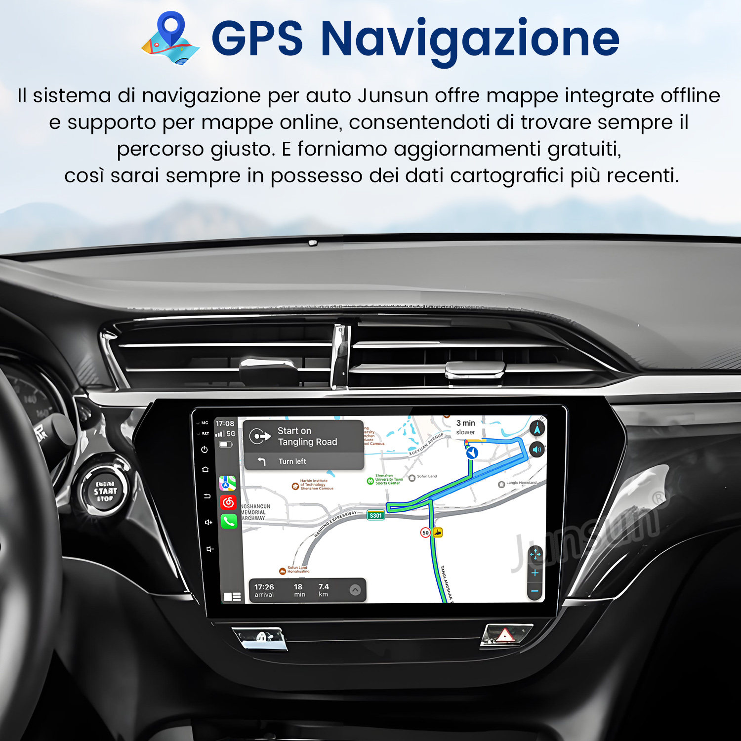 Sistema di navigazione auto mostra un percorso con indicazioni.