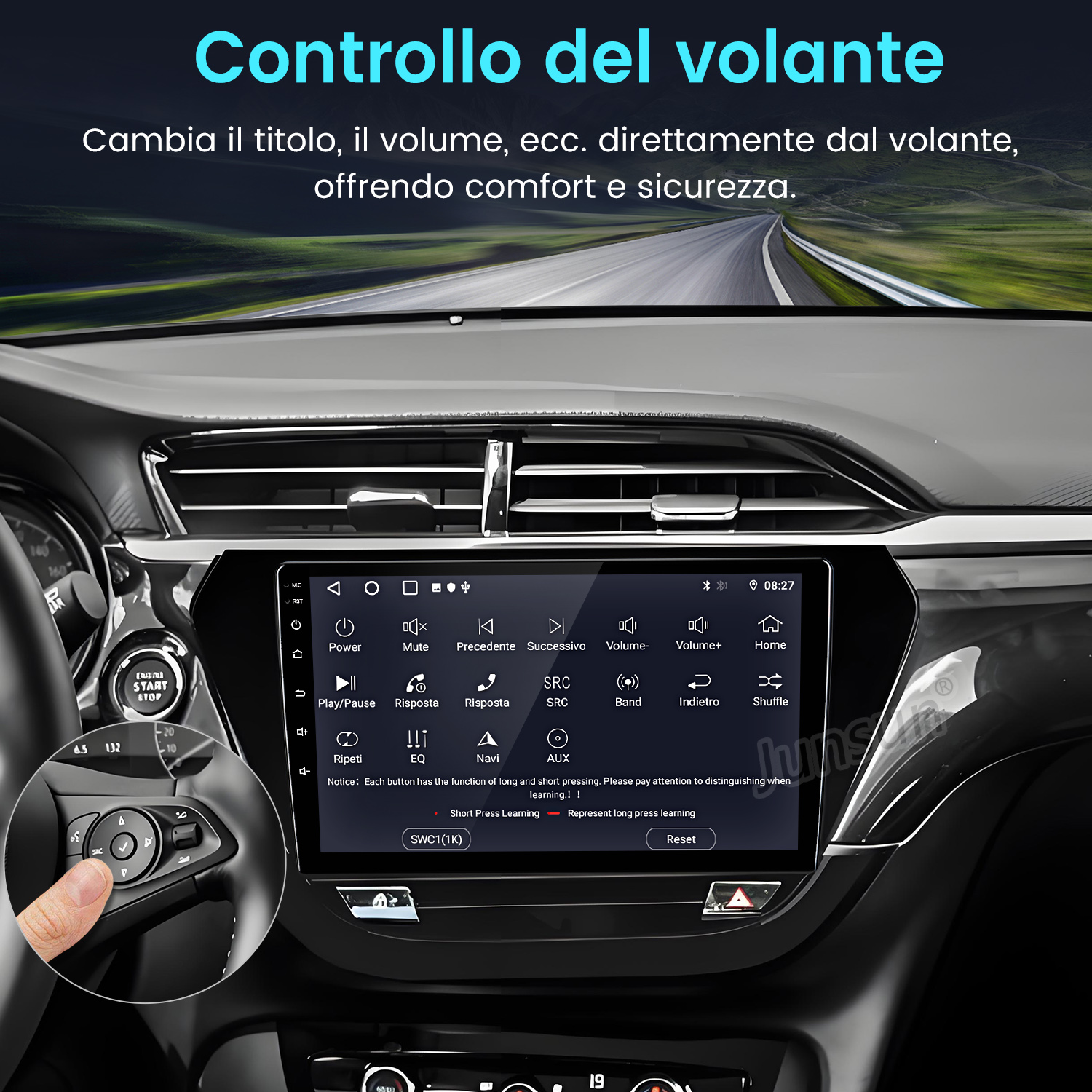Un sistema di infotainment per auto con comandi al volante e touchscreen.
