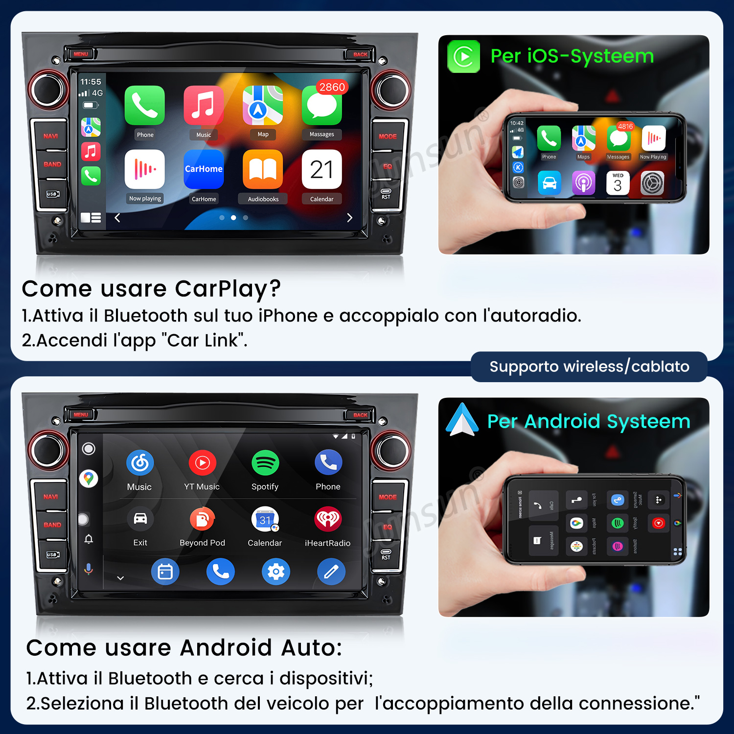 Display auto mostra CarPlay e Android Auto con icone app e schermi smartphone.