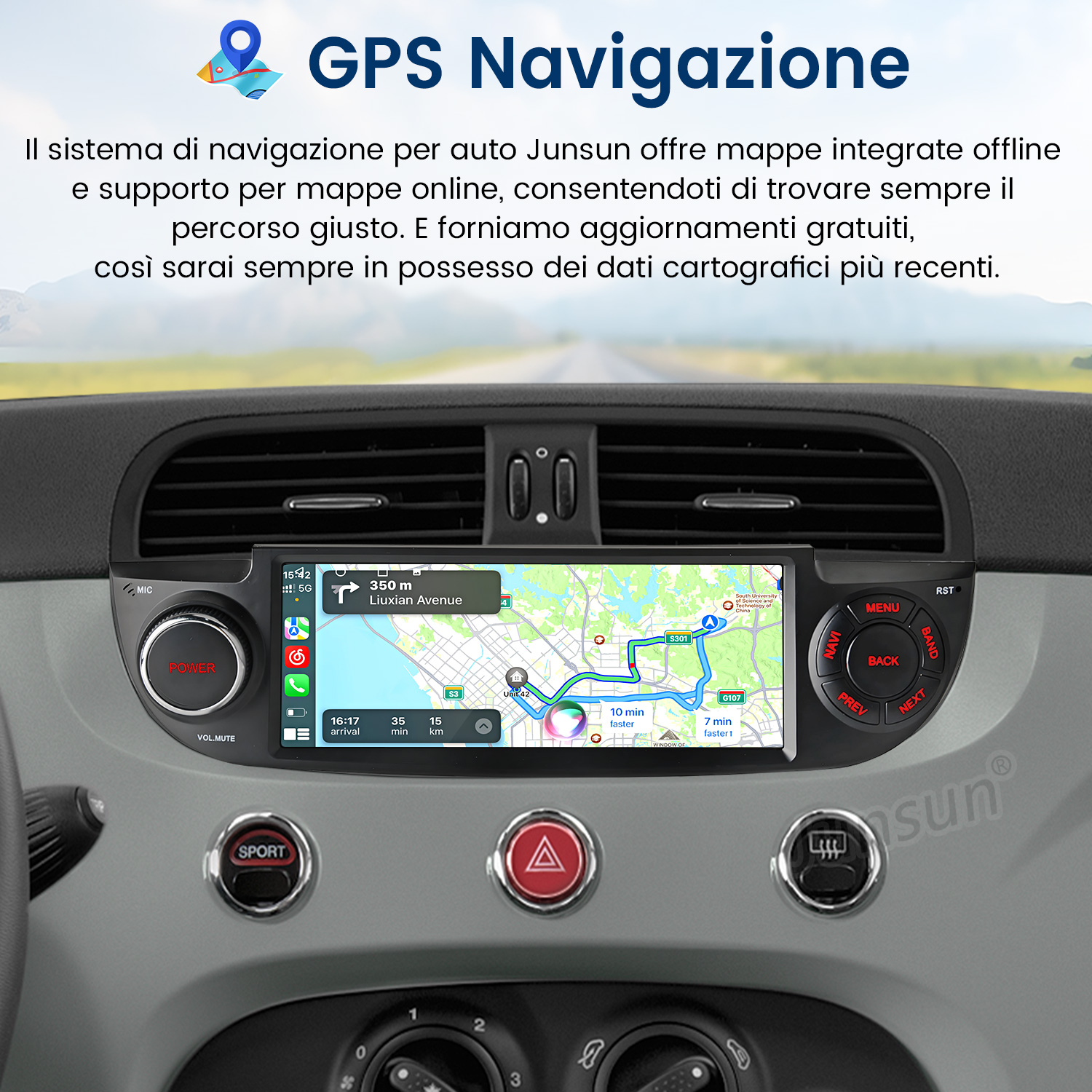 Cruscotto auto con schermo di navigazione GPS che mostra un percorso.