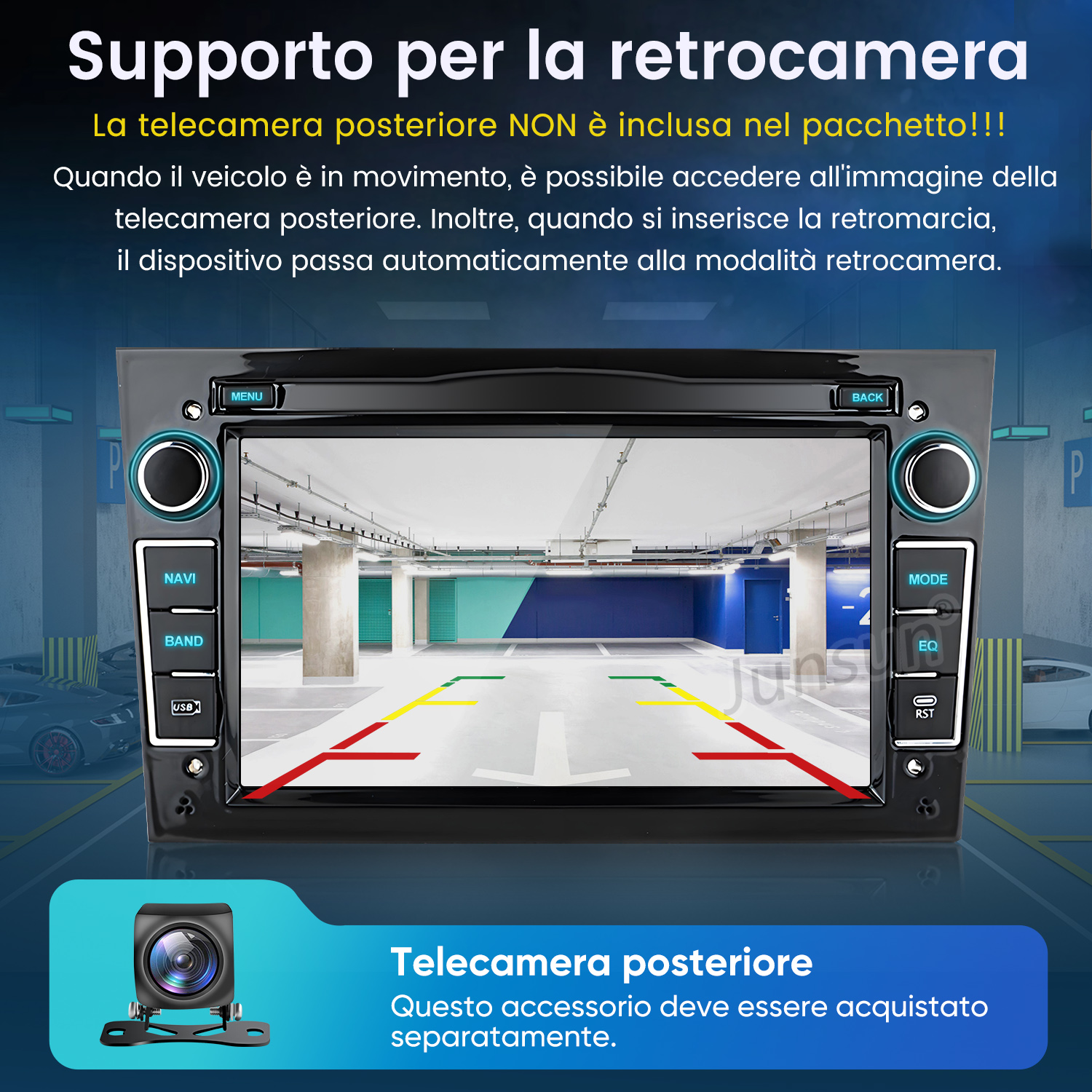 Autoradio mostra vista parcheggio con linee guida. È mostrata una telecamera.