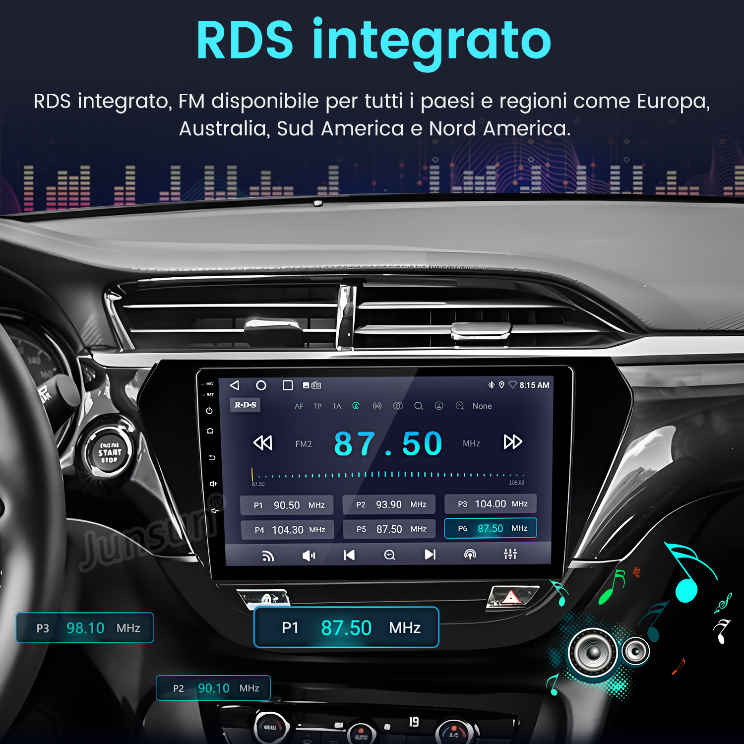 Cruscotto auto con schermo infotainment che mostra stazioni radio e frequenze.