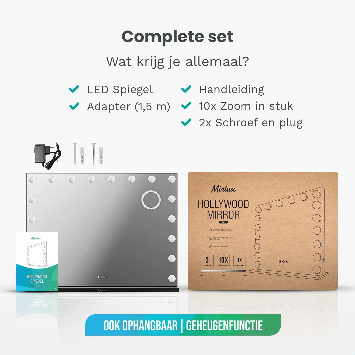 Hollywood spiegel met LED-lampjes, adapter, schroeven en handleiding.
