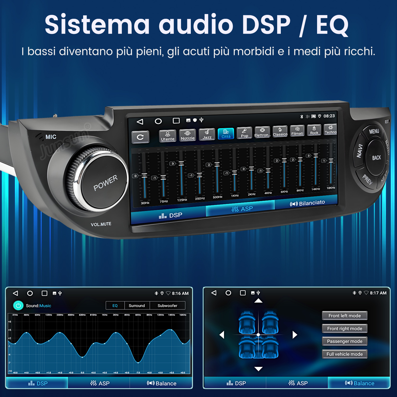 Sistema audio per auto con DSP/EQ e due display: uno per impostazioni EQ e uno per modalità audio veicolo.