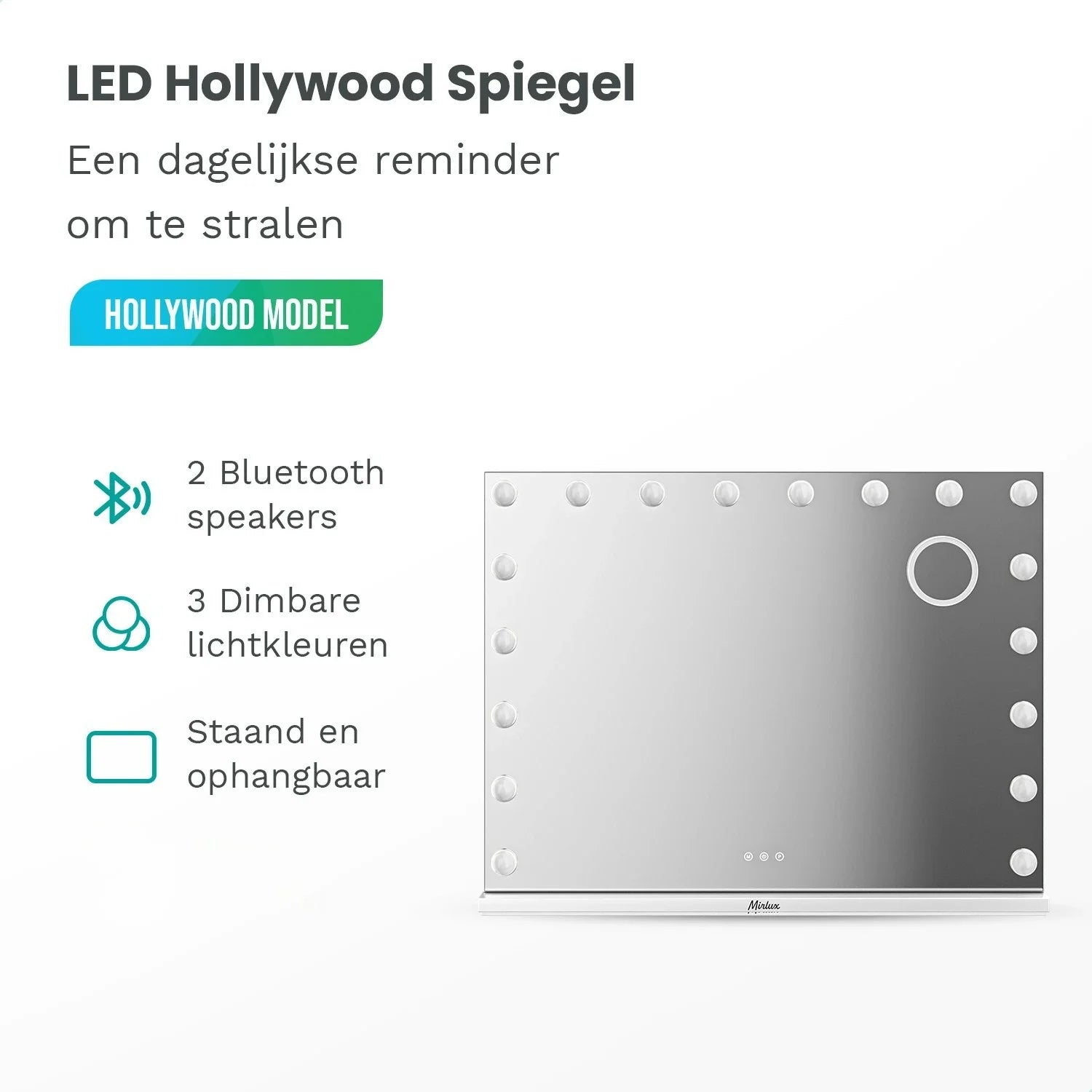 LED Hollywood spiegel met 2 Bluetooth speakers en 3 dimbare lichtkleuren.