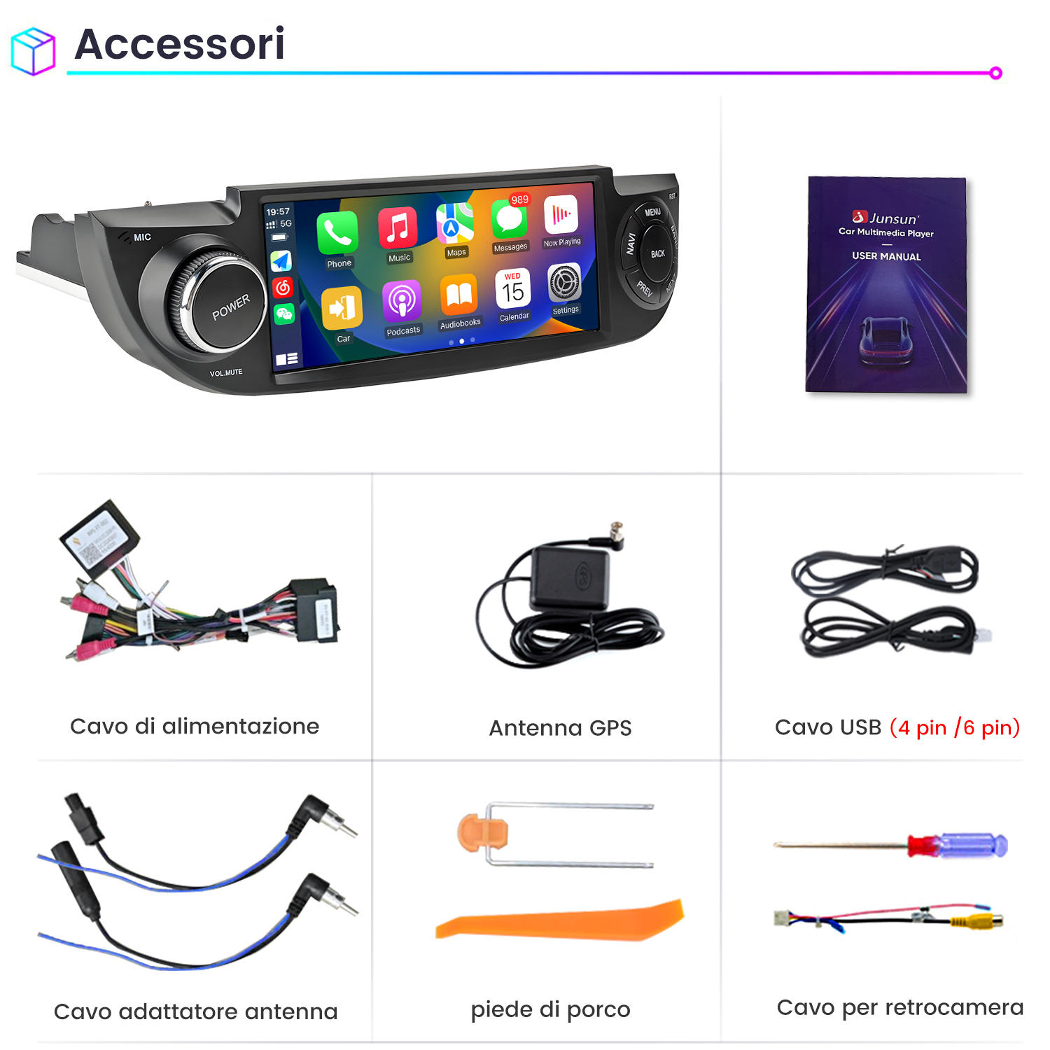 Display multimediale auto con app, cavo alimentazione, antenna GPS, cavo USB e altro.