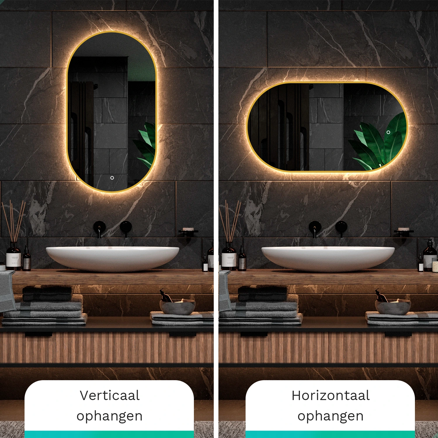 Badkamerspiegel met verlichting, verticaal en horizontaal opgehangen.