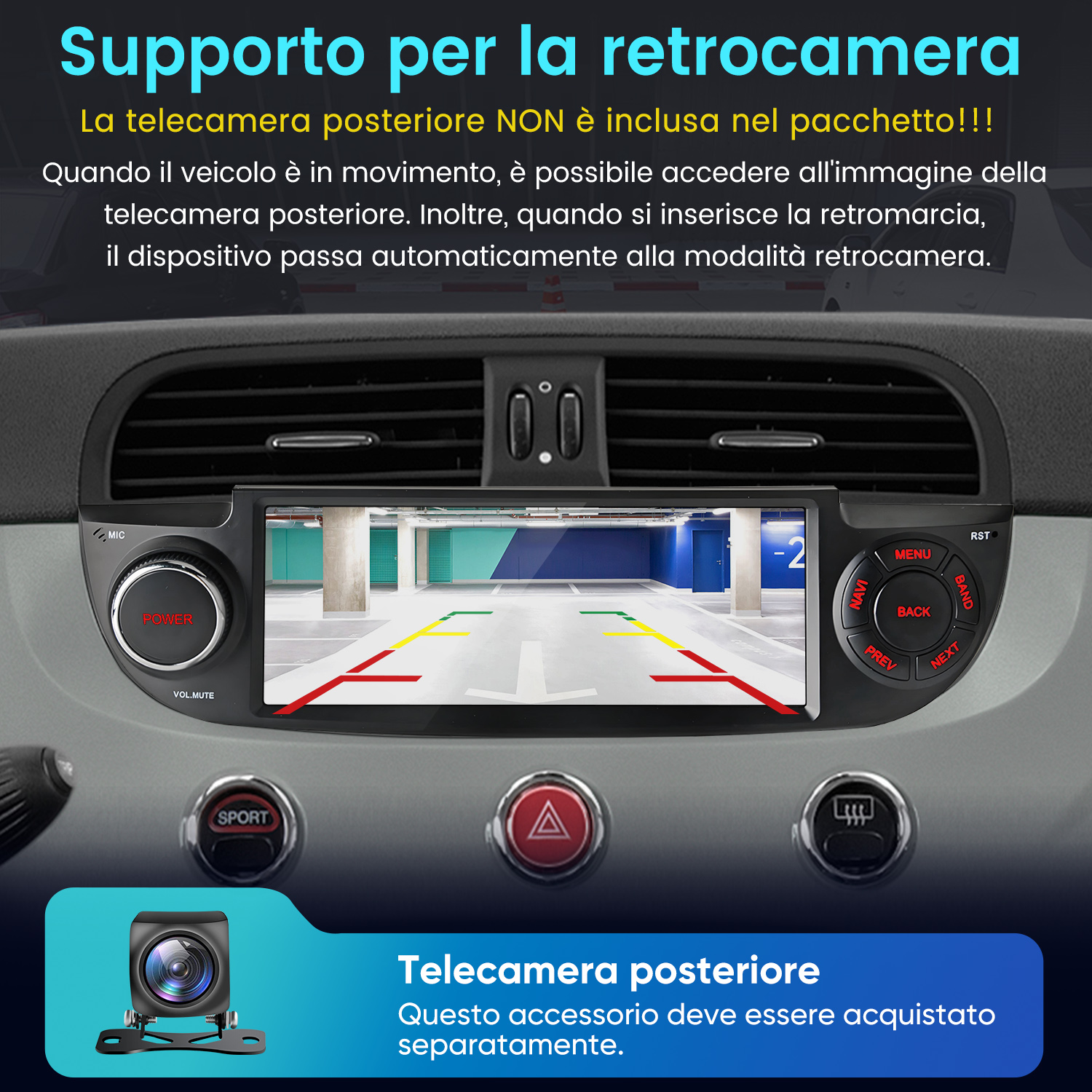 Interno auto con schermo telecamera retromarcia e testo.