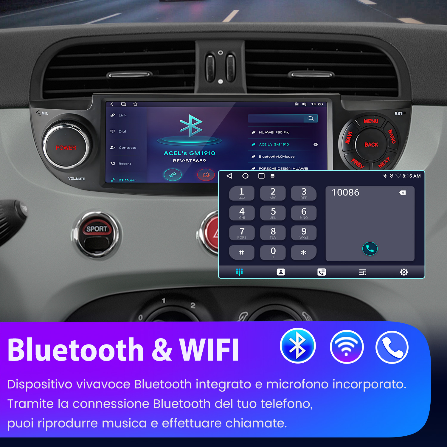 Interno auto con schermo infotainment che mostra funzioni Bluetooth e telefono.
